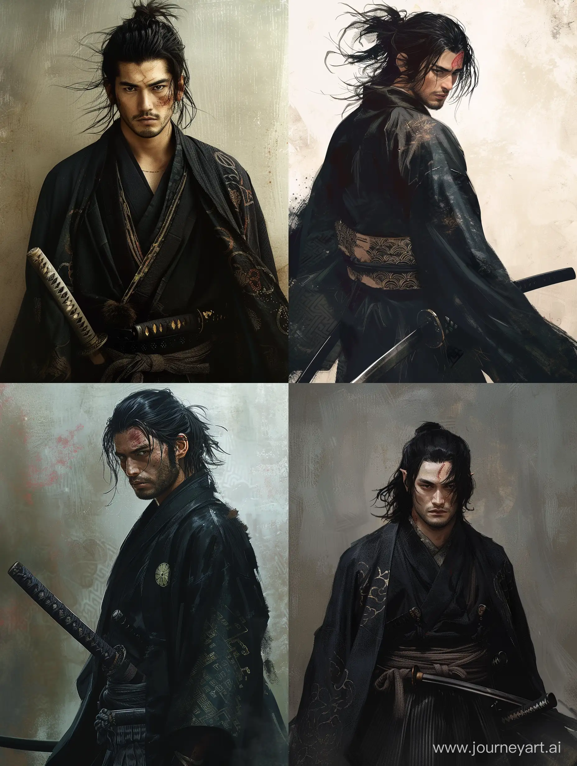 Mysterious-Samurai-with-Katana-in-Black-Kimono-and-Cloak