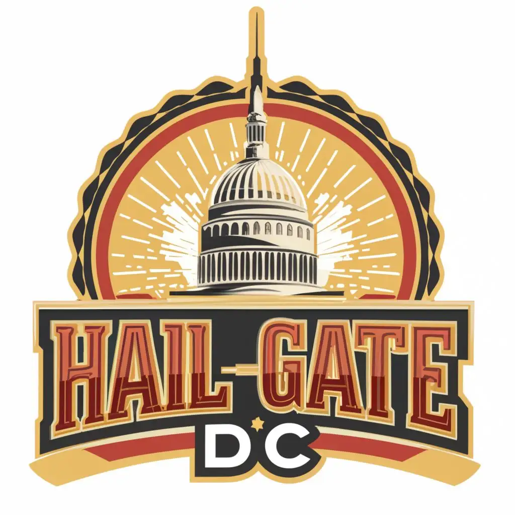 logo, Washington Monument and Capitol Building, with the text "Hail-Gate DC", typography, be used in Sports Fitness industry, Burgandy and Gold colors