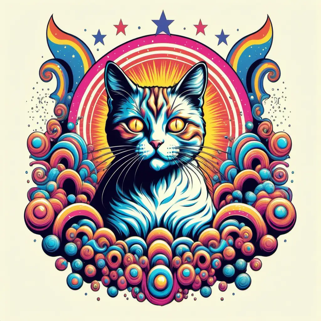 Psychedelic RetroStyle Cat TShirt Design Vector