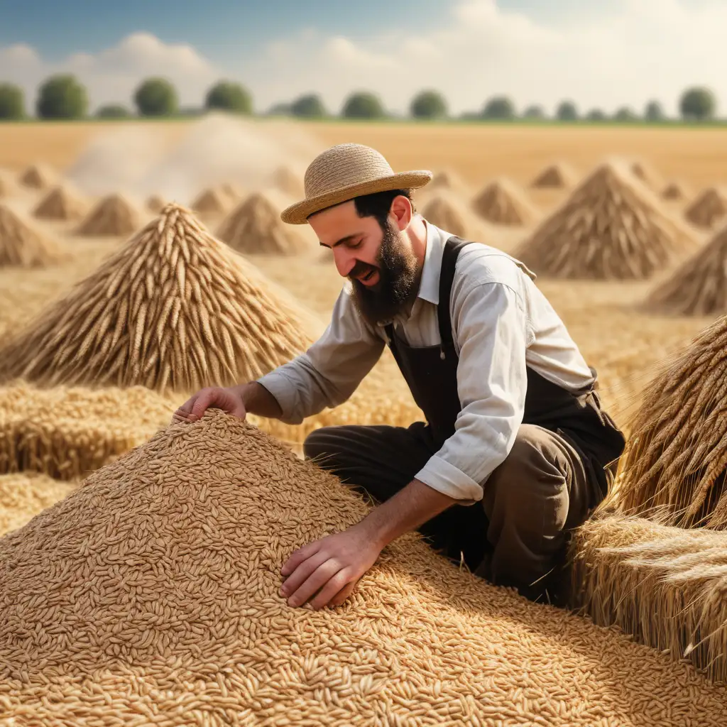 Create a picture of a Jewish farmer making a pile of harvested wheat from several small piles