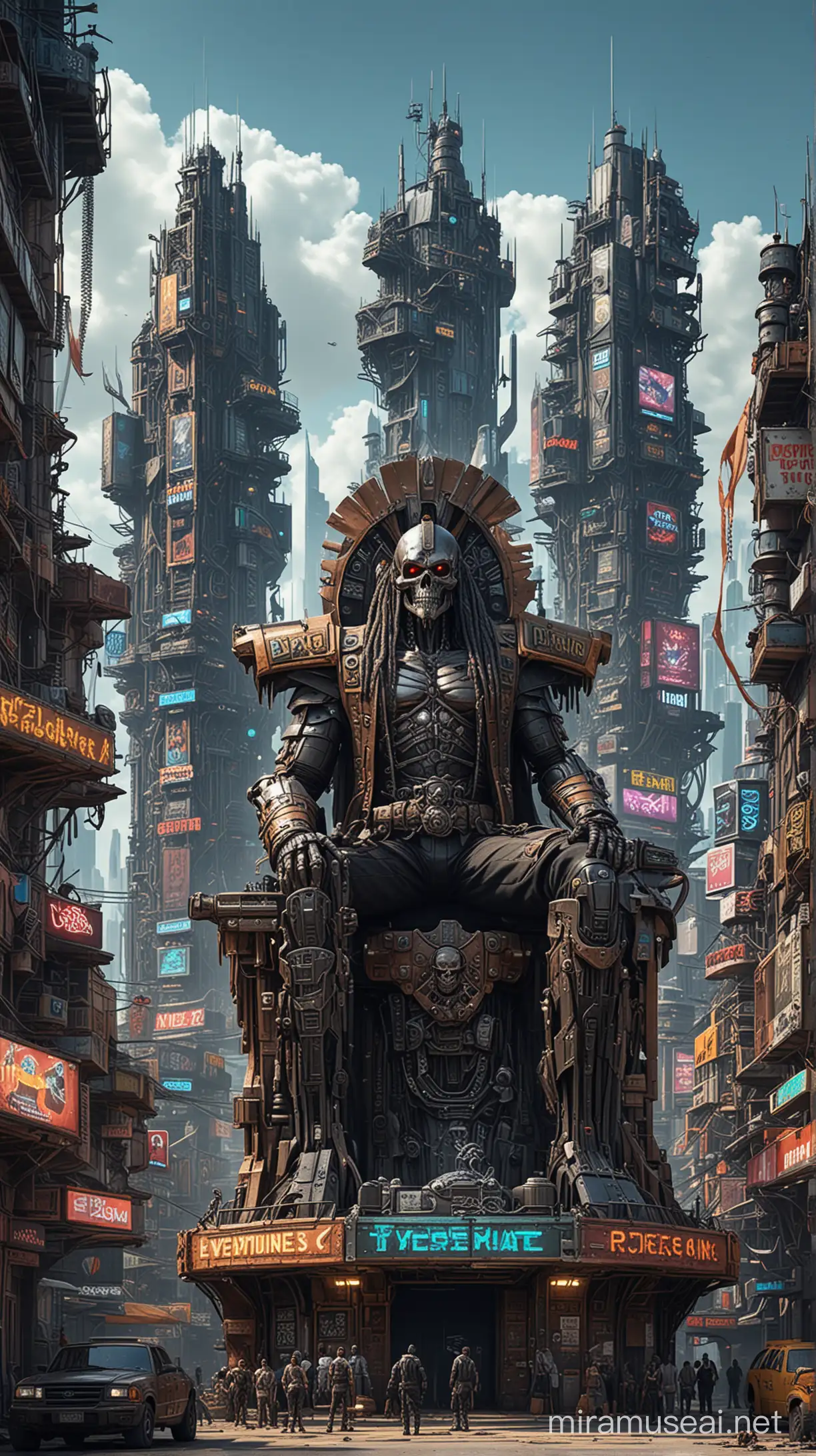 A hyper-realistic rendering of a futuristic pirate city, with towering skyscrapers made of scrap metal and neon signs advertising the latest cybernetic enhancements. In the center of the city, a brutal pirate king sits on his throne, surrounded by his loyal crew.