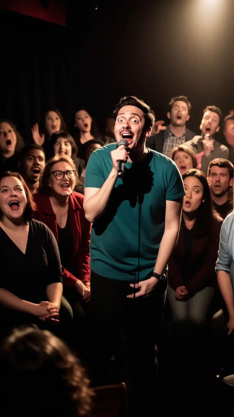 A dimly lit comedy club packed with a diverse audience, roaring with laughter at a group of comedians performing on stage. One comedian holds the microphone, their expression excited and confident, while others stand nearby, ready for their turn.