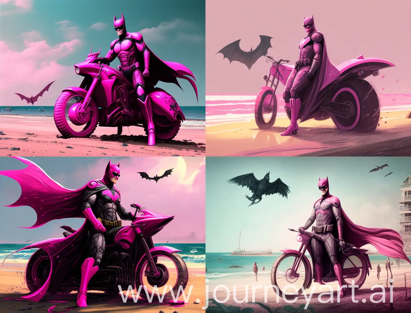 Batman on pink on a bike on the beach