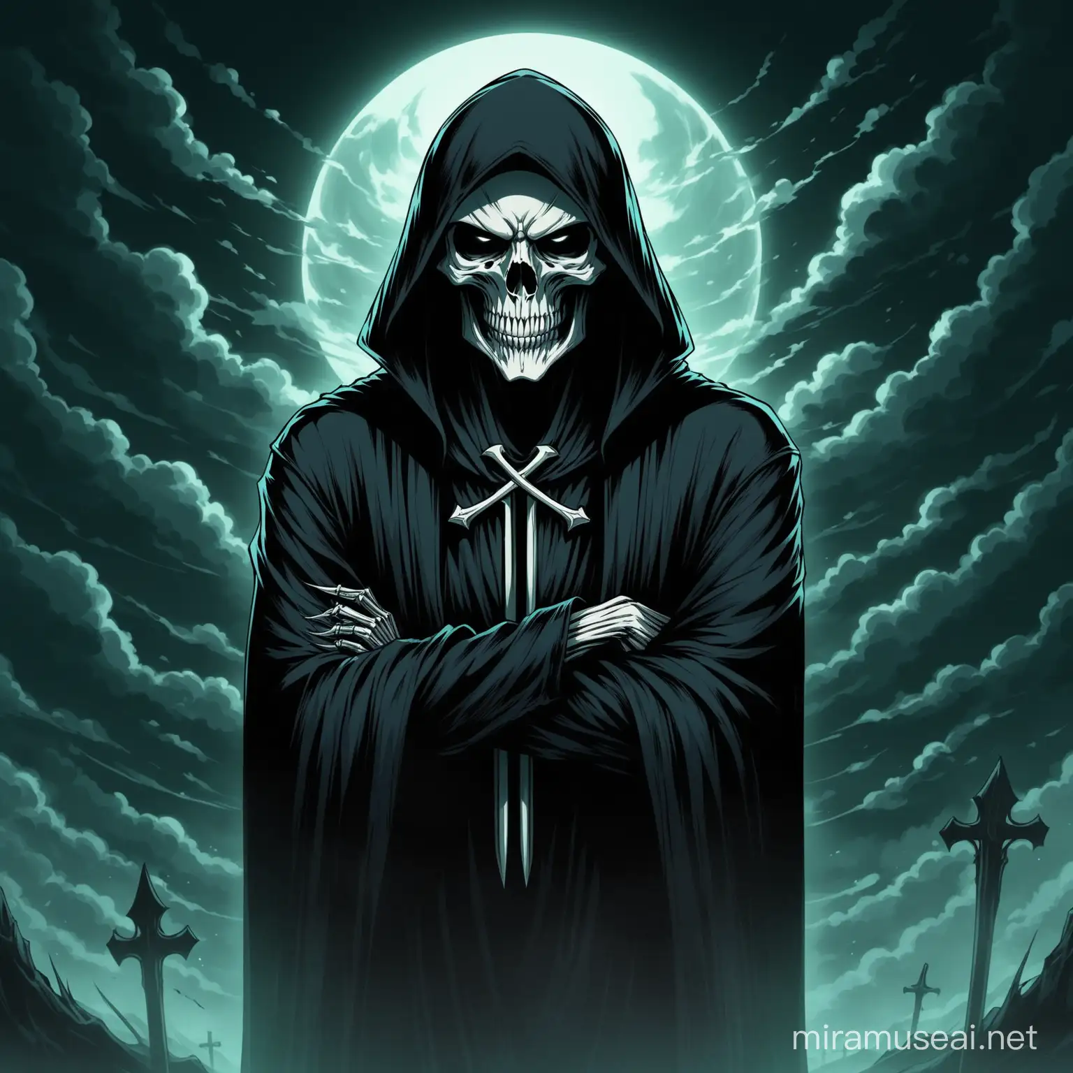 serious looking grim reaper with crossed arms