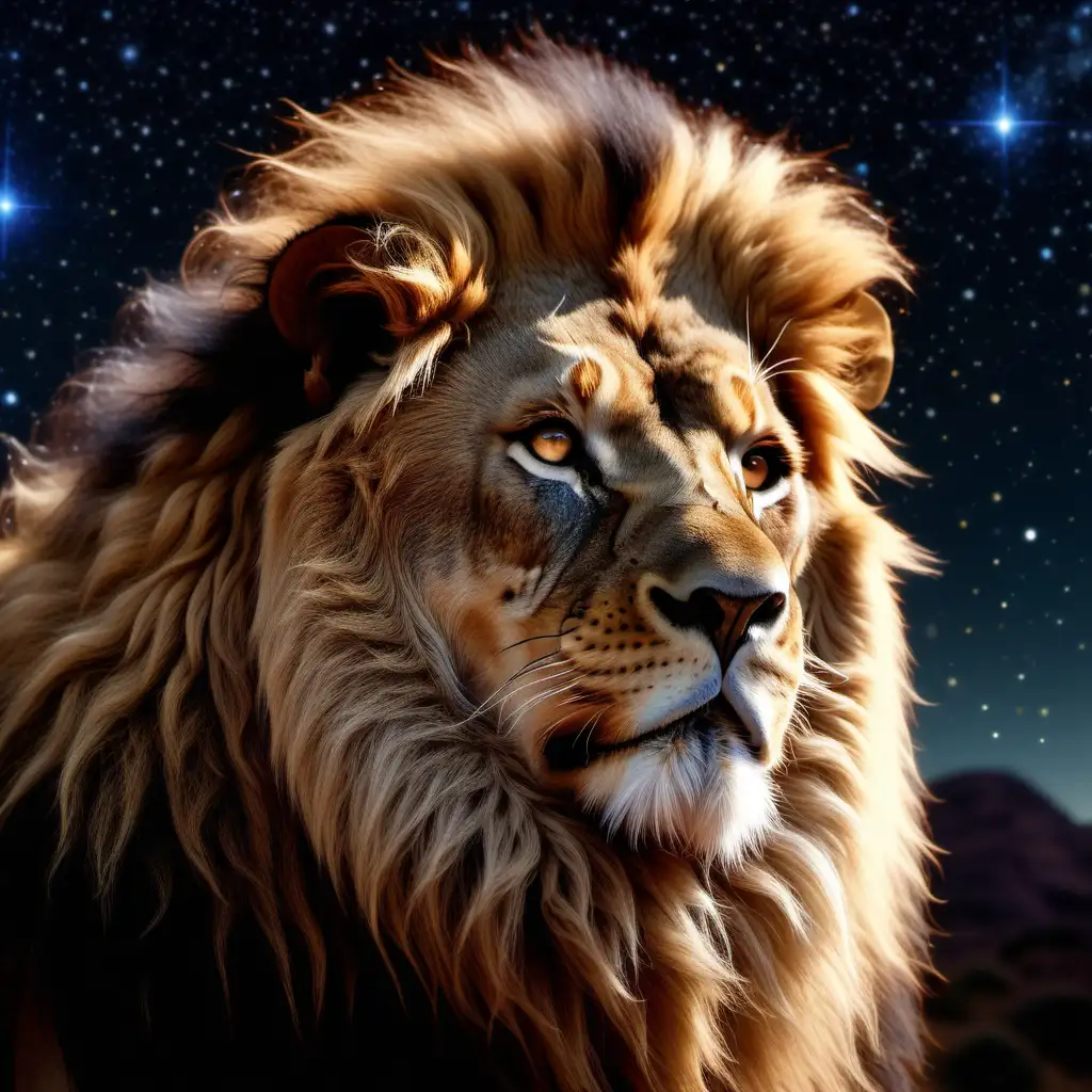 Imagine a photograph of a beautiful and majestic lion with a full mane set against a background of stars, including the leo constellation in the background. The lion exudes love, compassion and wisdom. 1080 p resolution, ultra 4K, high definition, cinematic shot