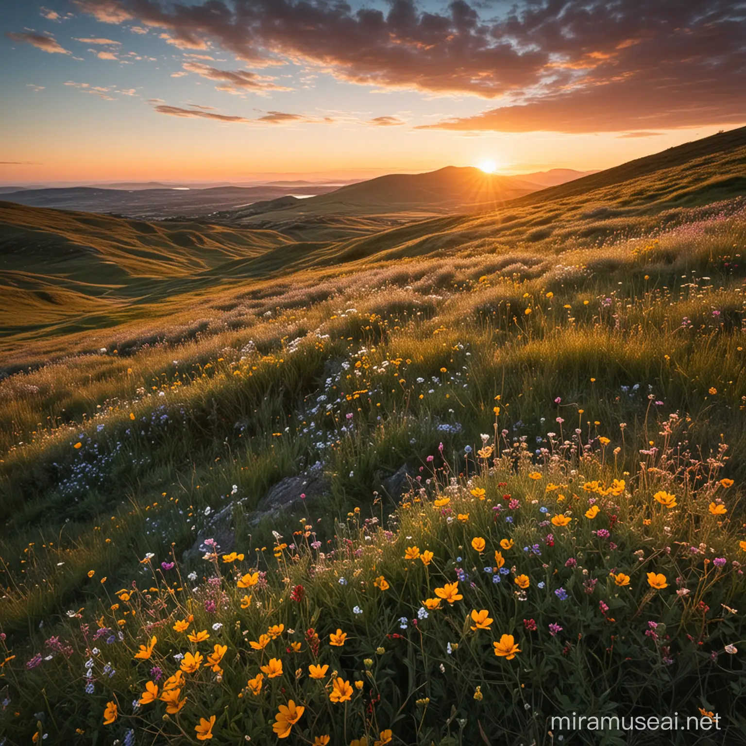 Wild flowers on hills blowing in the wind with a sunset in the distance