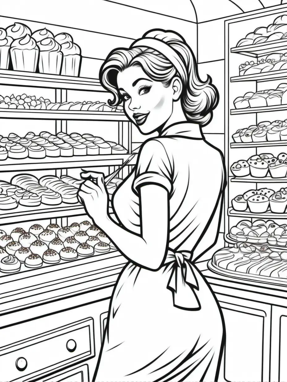 
coloring page for adults, pinup, girl working in a bakery , white background, clean line art, fine line artcoloring page for adults
Fill the page with a bakery background.
Pay attention to details especially hands. 
