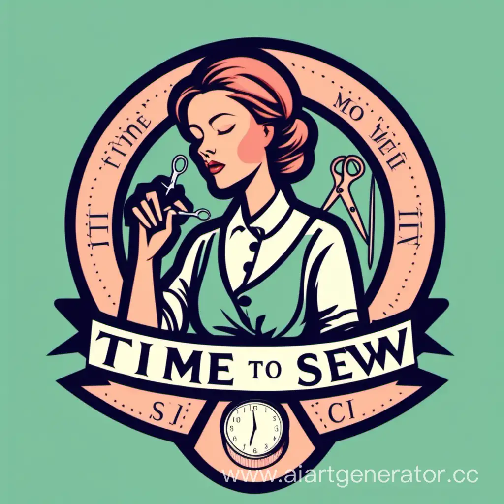 Логотип  time to sew где женщина смотрит на часы а вокруг нитки иголки ножницы манекен швейная машина 