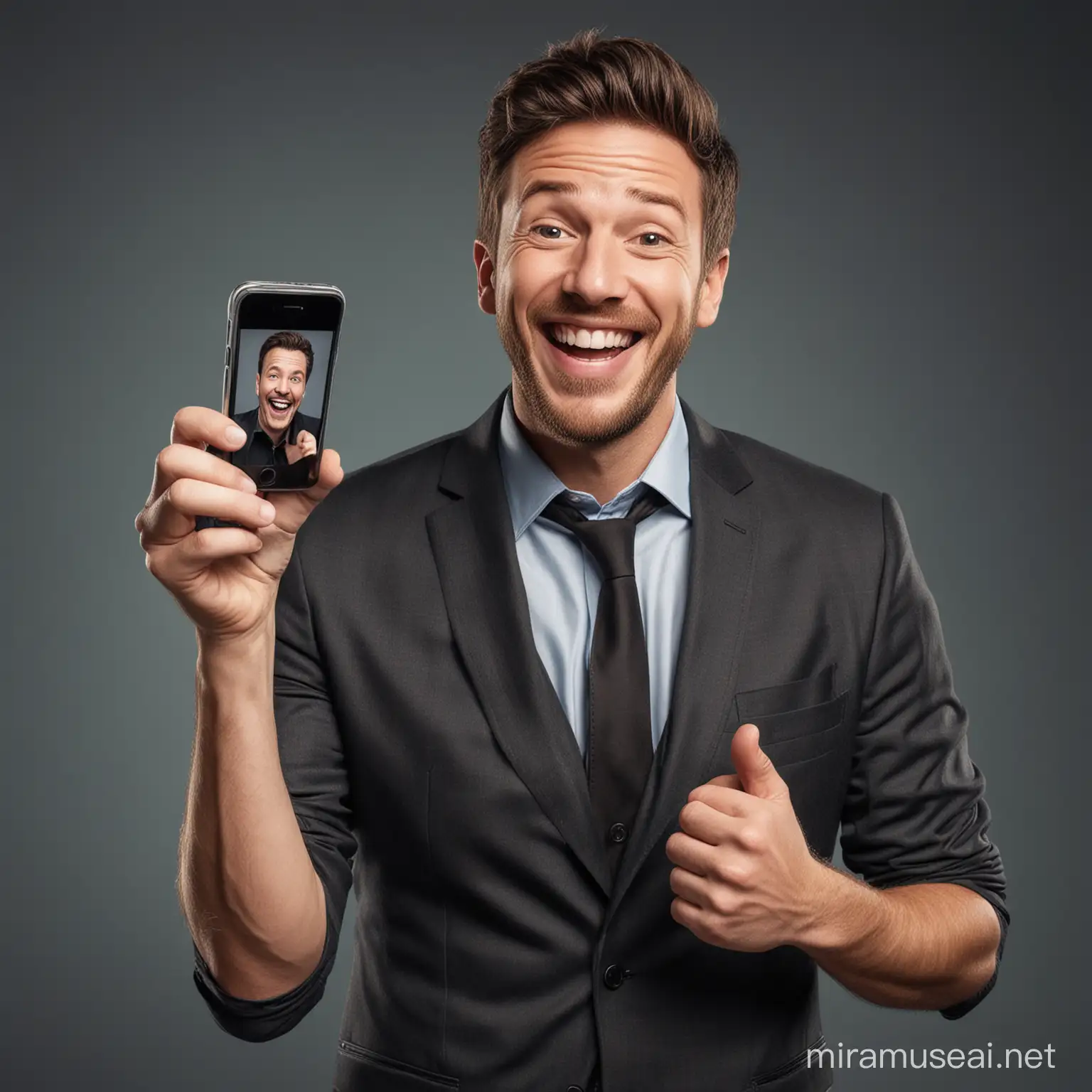 create a realistic porttrait of stand up comedian Host laughing showing his phone screen 