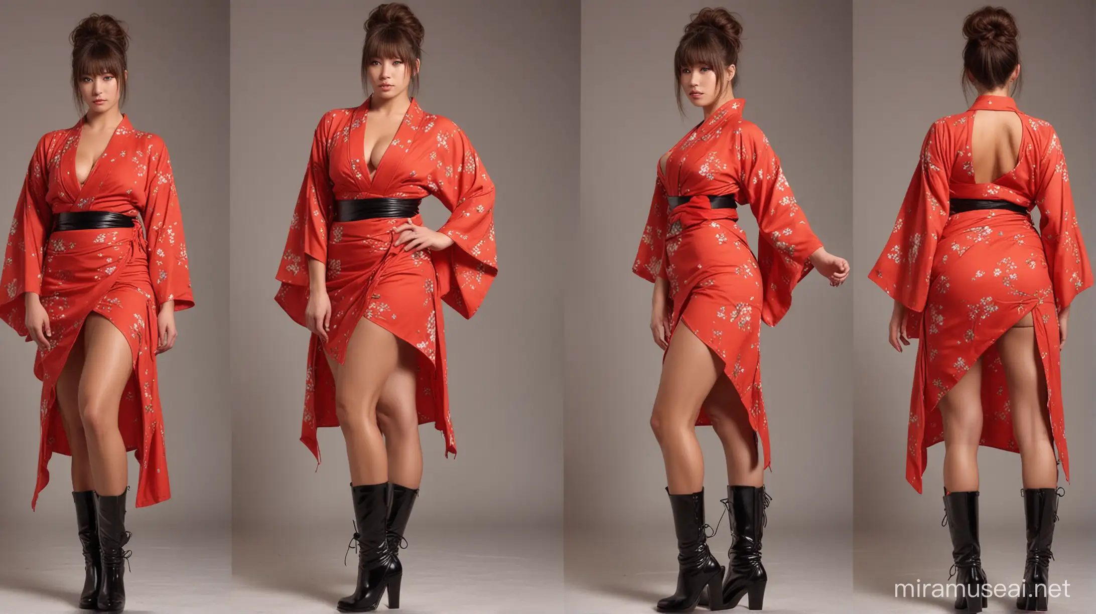 extremely cute girl; Extremely gigantic; extremely muscular; extremely muscular arms; sexy; very beautiful; seductive; has bangs; two-slit red dress; wrap-up sleeves; long platform boots with thick soles; extremely massive thighs; extremely muscular thighs; kimono sleeves; messy hairstyle; tanned; extremely large and massive legs; very big breasts; cleavage;                                                               