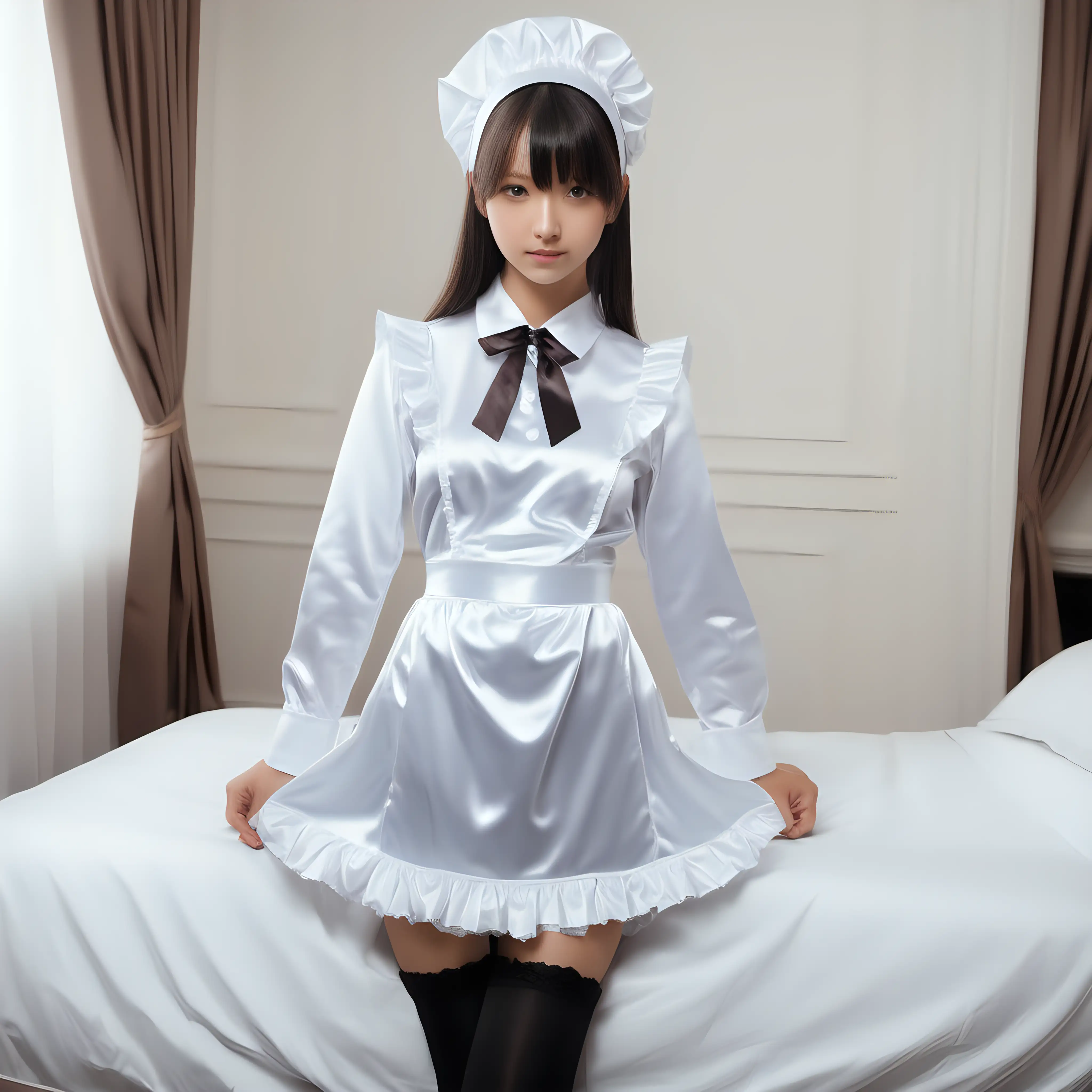 Charming Girl in Elegant Satin Maid Uniforms Poses Gracefully