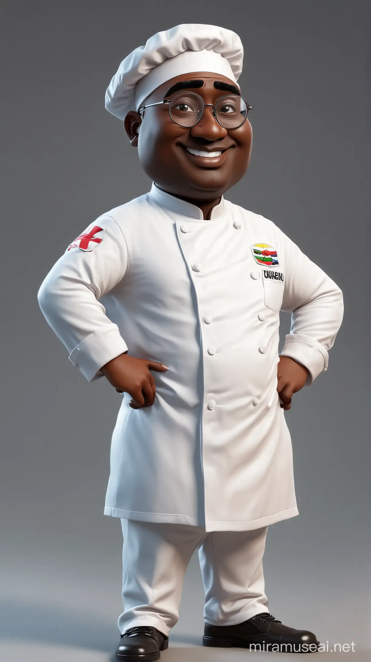 3d cartoon fat chef looking like Dr. MAHAMUDU BAWUMIA Ghana vice president with a round spectacle with a and  best gesture