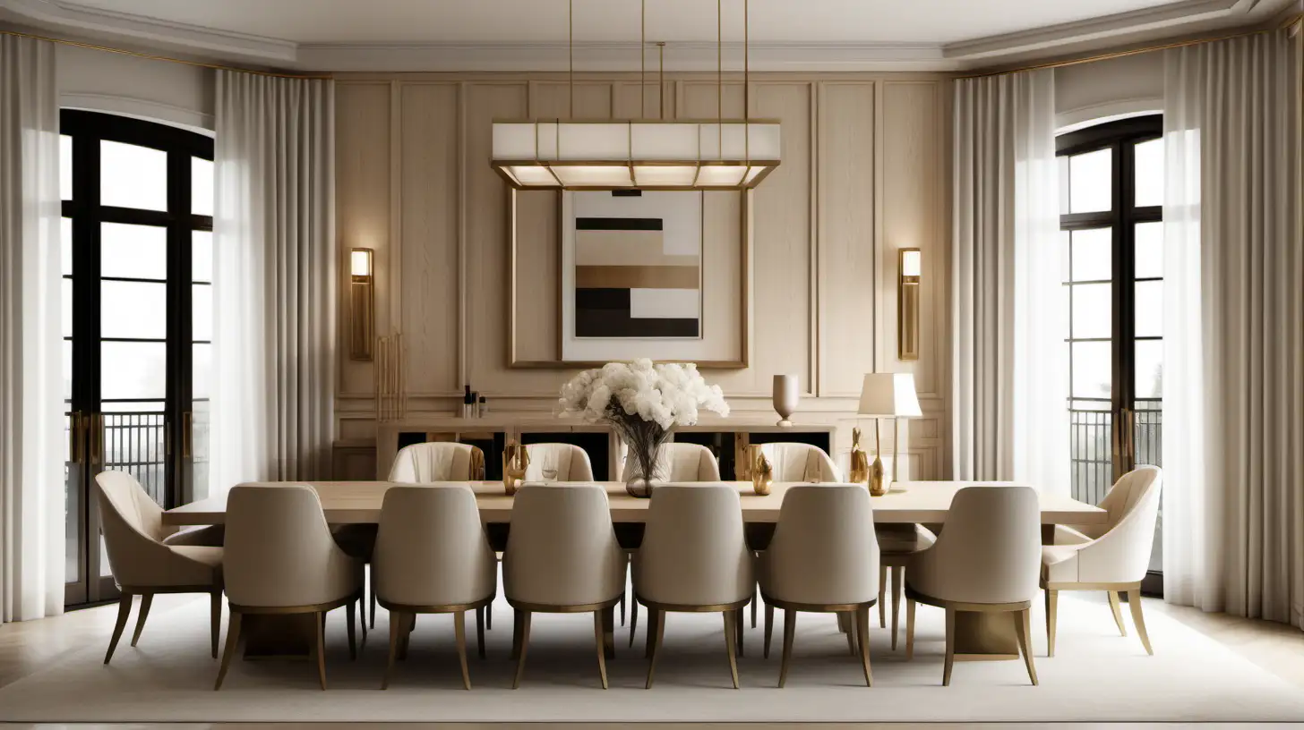 a hyperrealistic image of a classic contemporary large home minimalist hotel-style dining room; beige; blonde oak;  brass; Large Window;