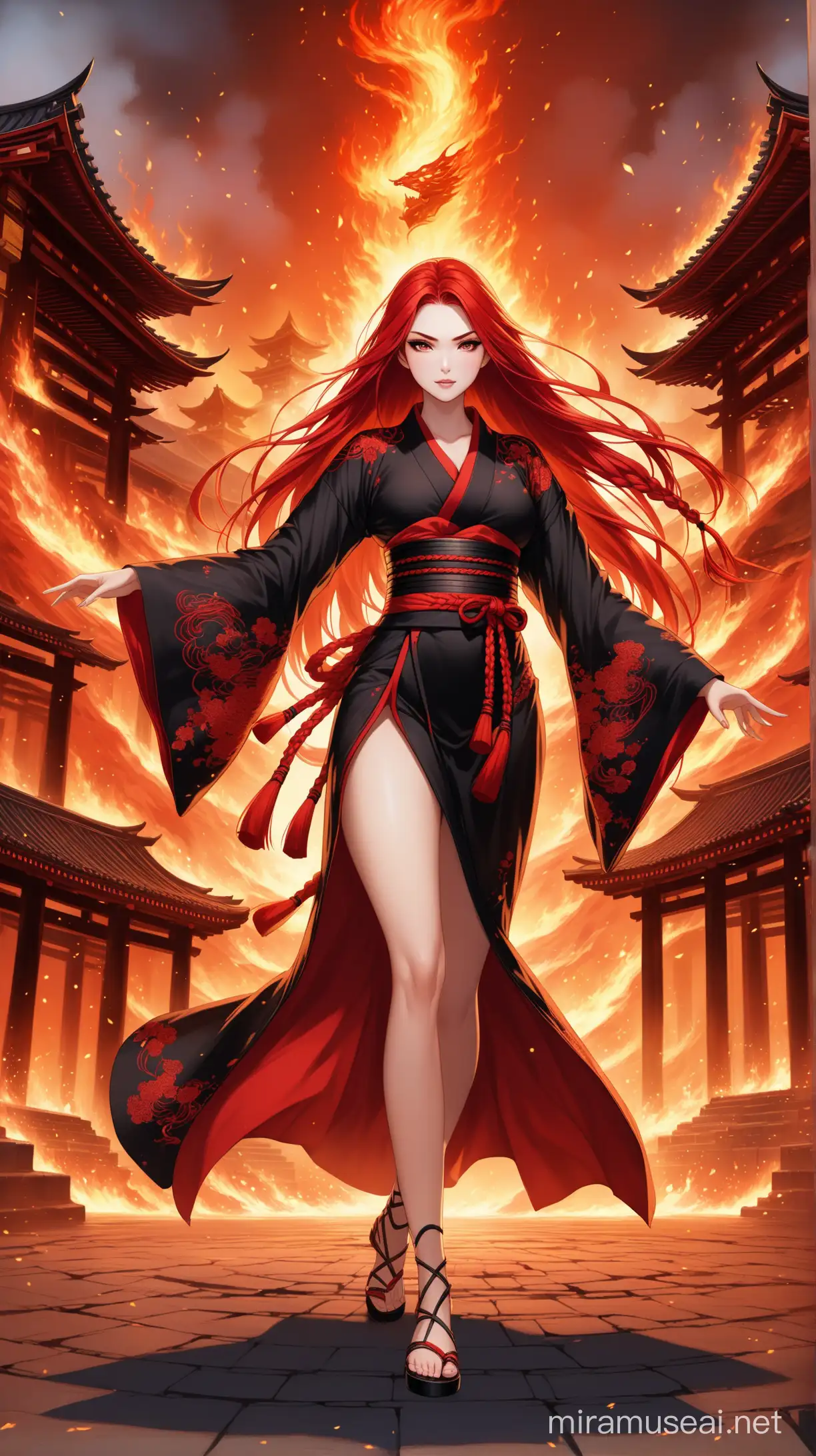 (masterpiece), best quality, expressive eyes, perfect face, sexy American samurai girl, dressed in a black kimono with red embroidery, ((half opened kimono)),long red hair braided into one long braid, red and black makeup, dancing, on the background of an ancient fantastic burning temple , arcane style, fantasy girl , full body view 