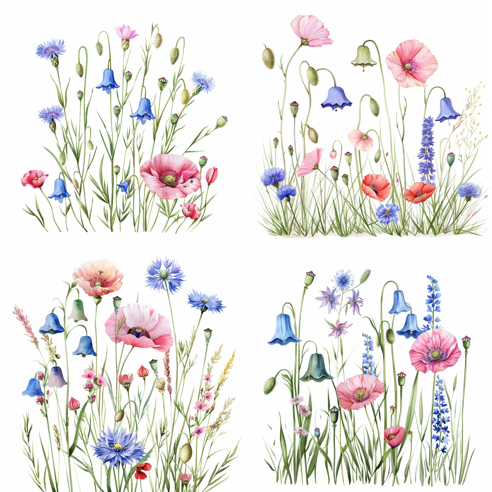 watercolor standing wildflower, bellflowers, cornflowers and pink poppy, on white background, soft handpainted, detailed