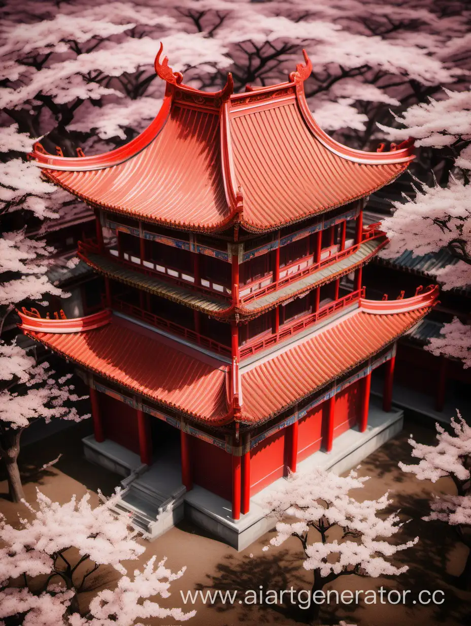 Средневековый китайский красный храм, по бокам сакура, вид сверху.
