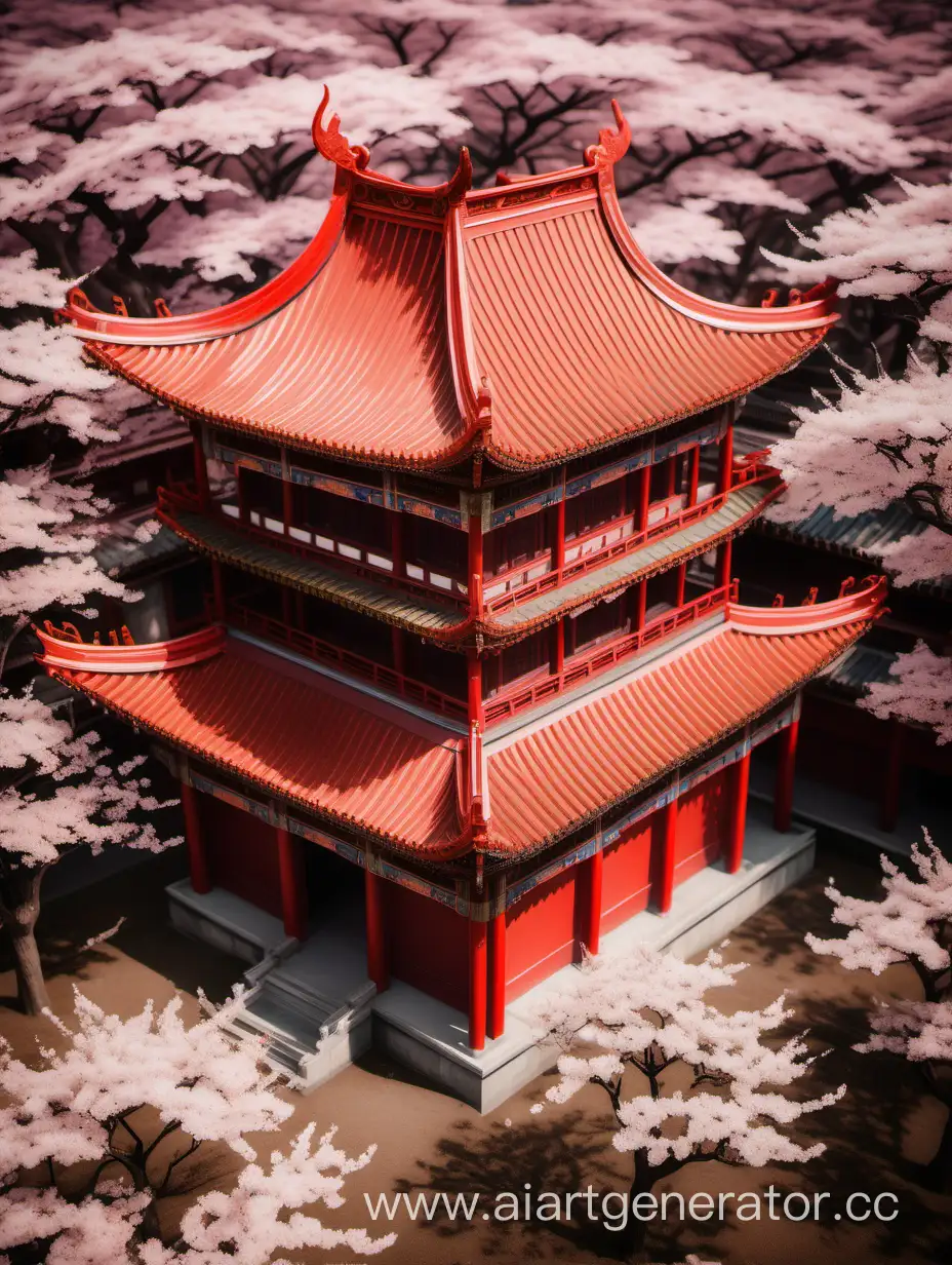 Top-View-of-Medieval-Chinese-Red-Temple-with-Sakura-Blossoms