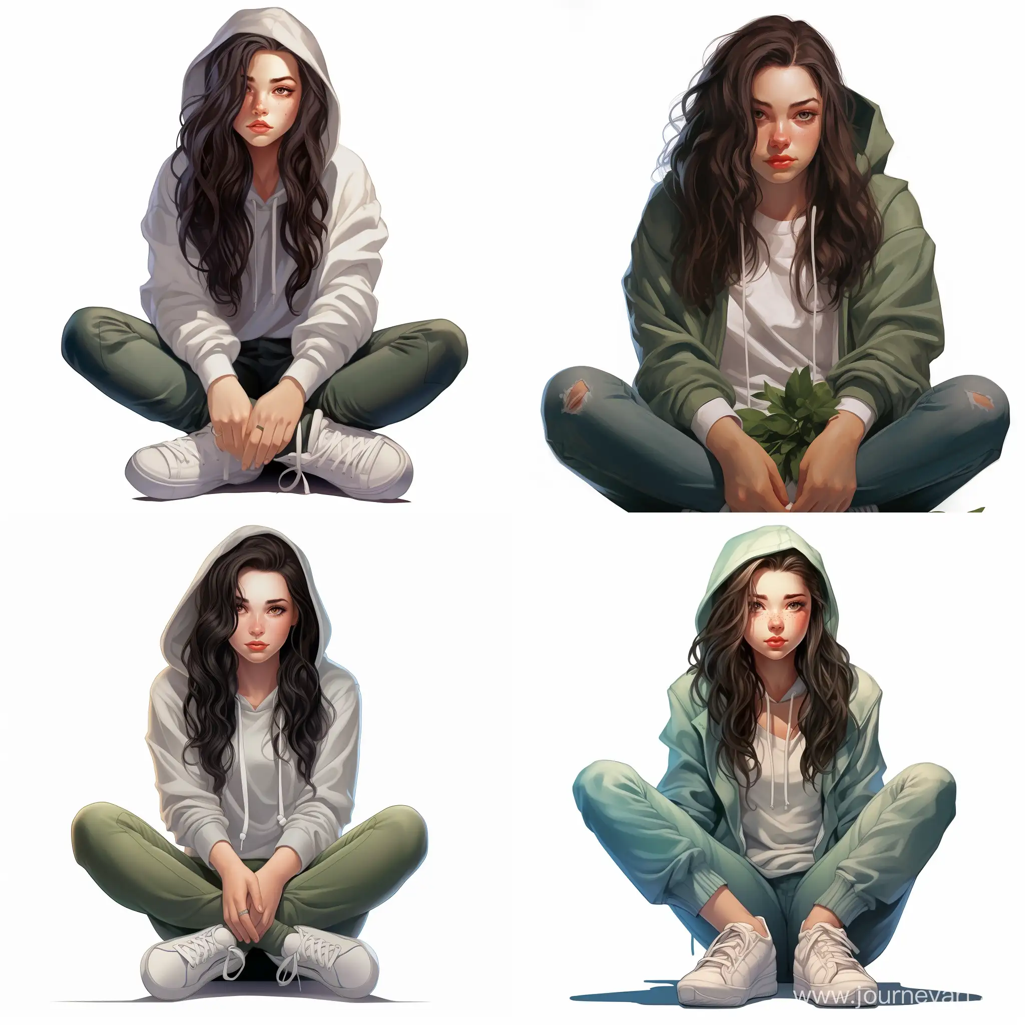 Beautiful girl, straight dark hair, expressive green eyes, snow-white skin, teenager, in hoodie and jeans, sneakers, modern, relaxed, high quality, high detail, cartoon art