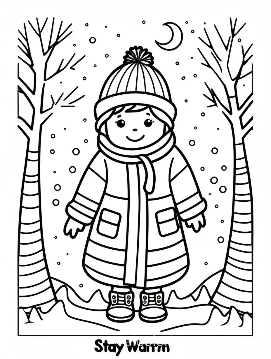 stay warm , Coloring Page, black and white, line art, white background, Simplicity, Ample White Space. The background of the coloring page is plain white to make it easy for young children to color within the lines. The outlines of all the subjects are easy to distinguish, making it simple for kids to color without too much difficulty