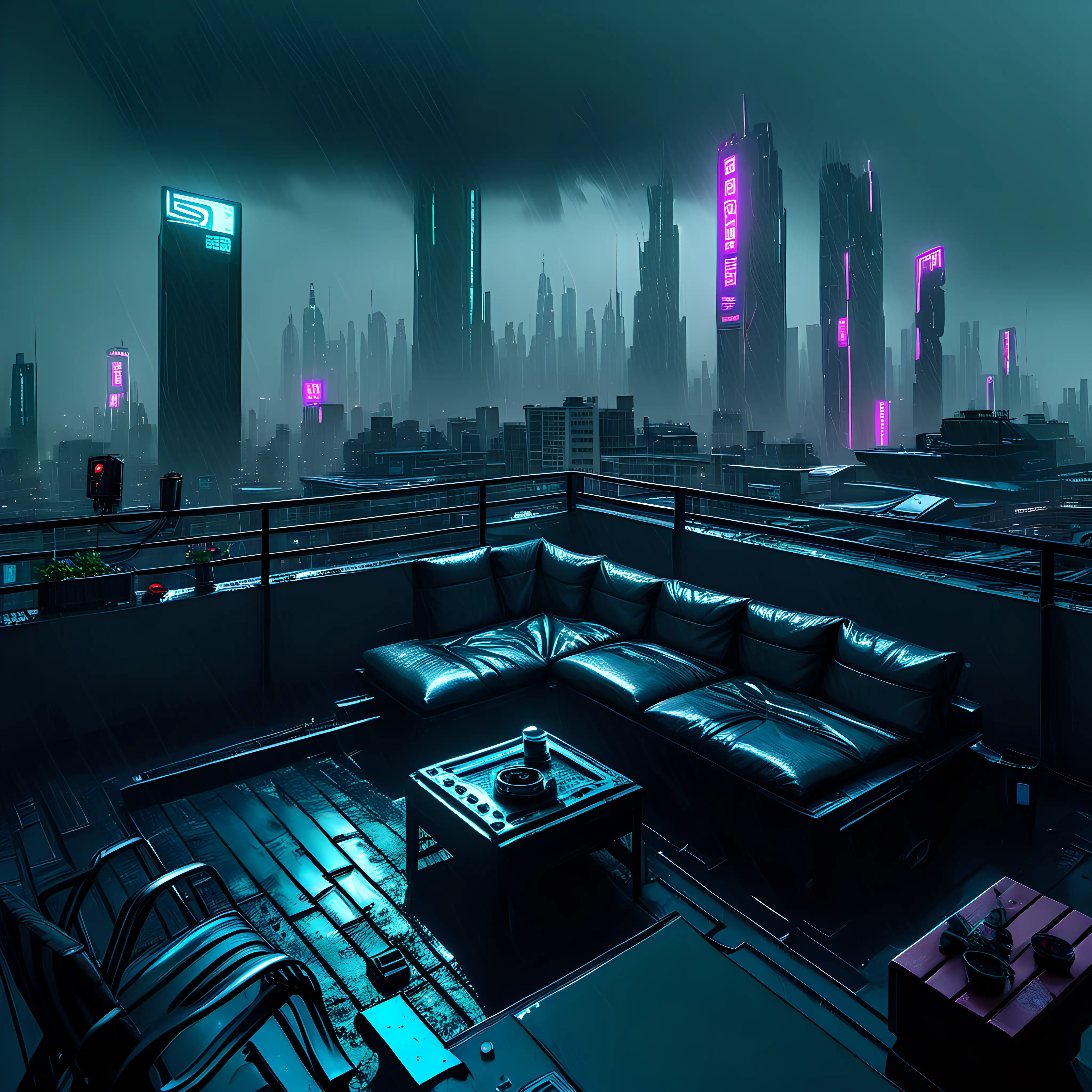 Futuristic Cyberpunk Rooftop Scene with Rain