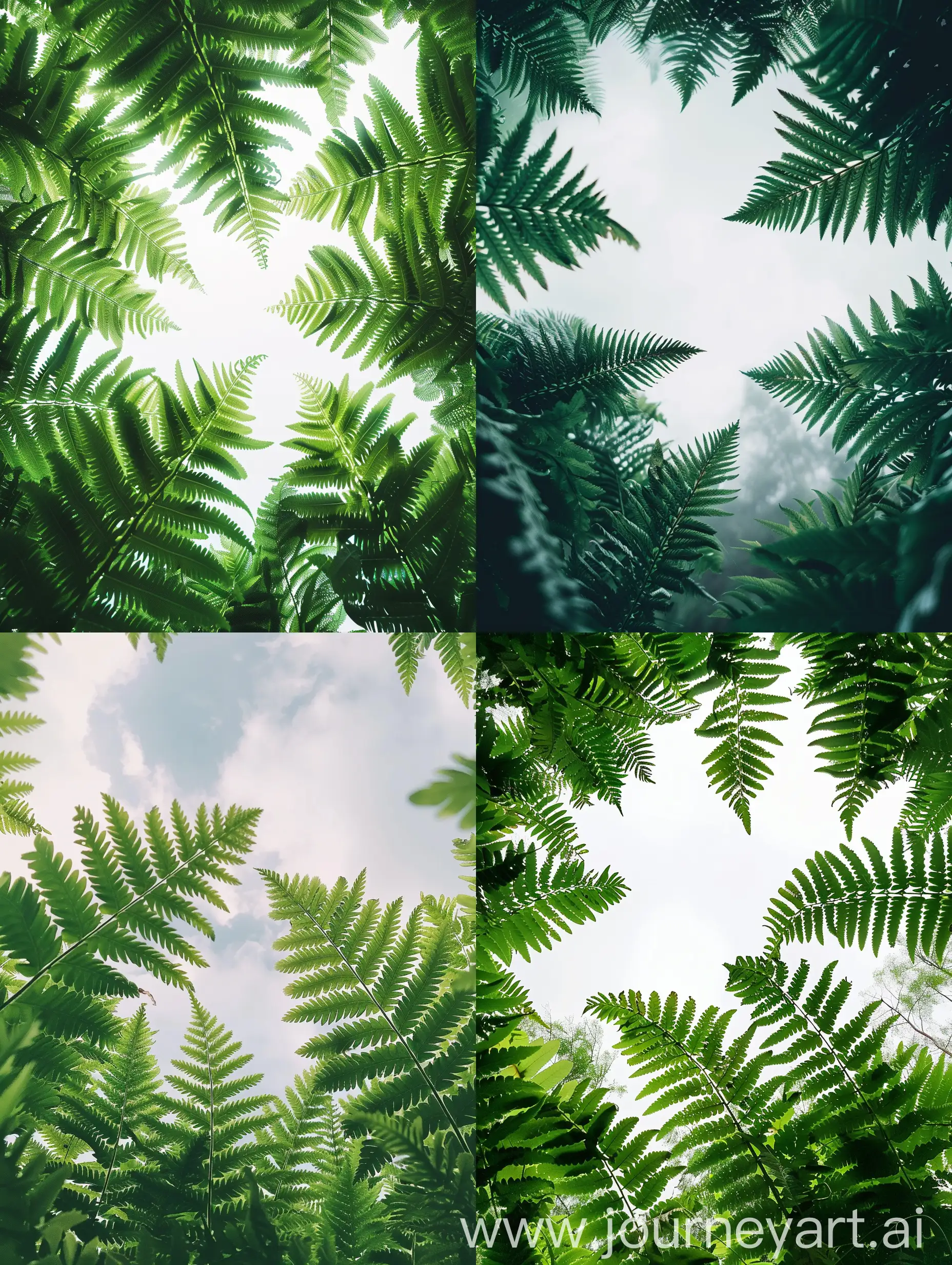 natural light, nature, photo, smooth, details, leaf, a lot of ferns, focus, lighted background, cold feelings, happiness, innocence, white sky, sky background, shot from below