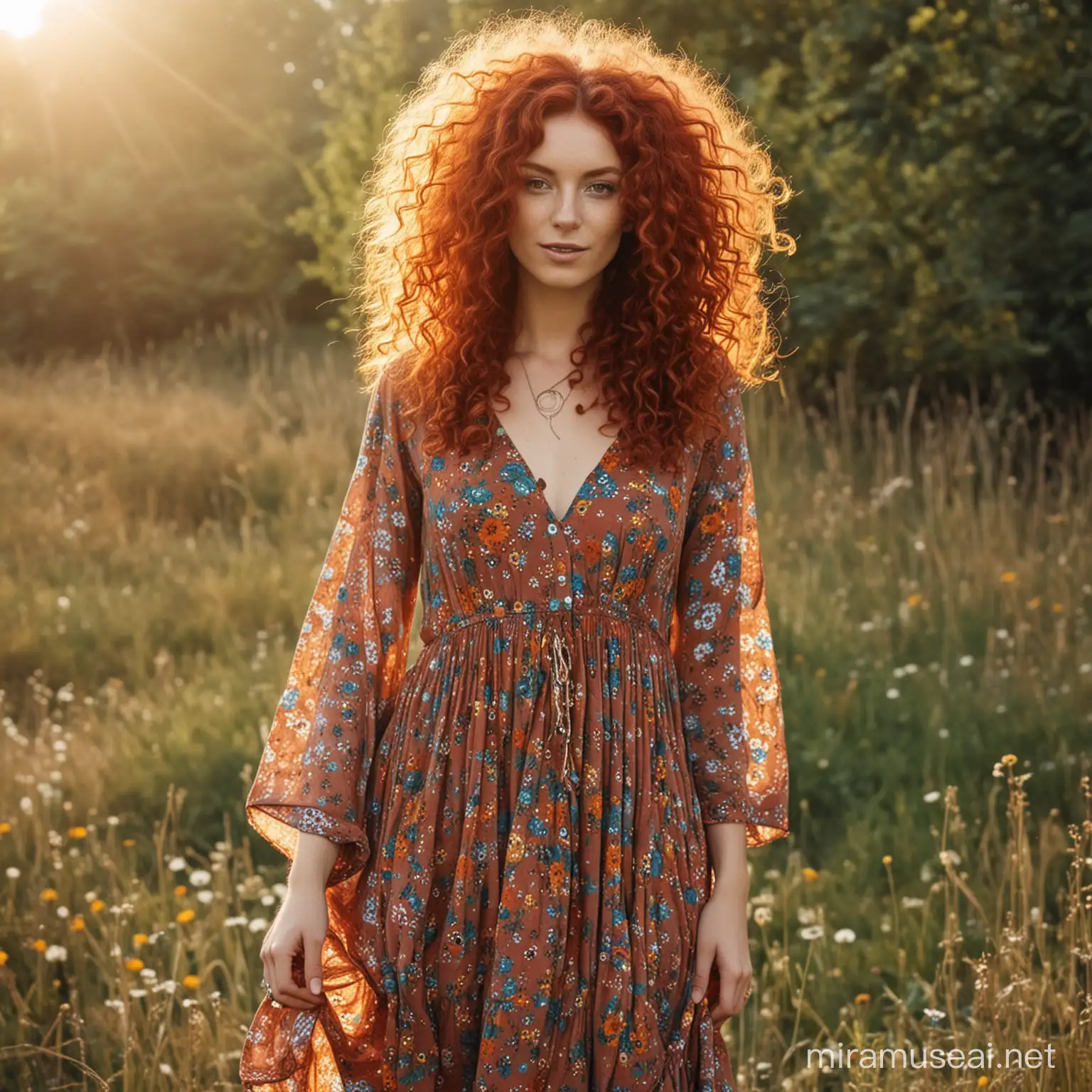 Bohemian Woman with Red Curly Hair in FullLength Dress