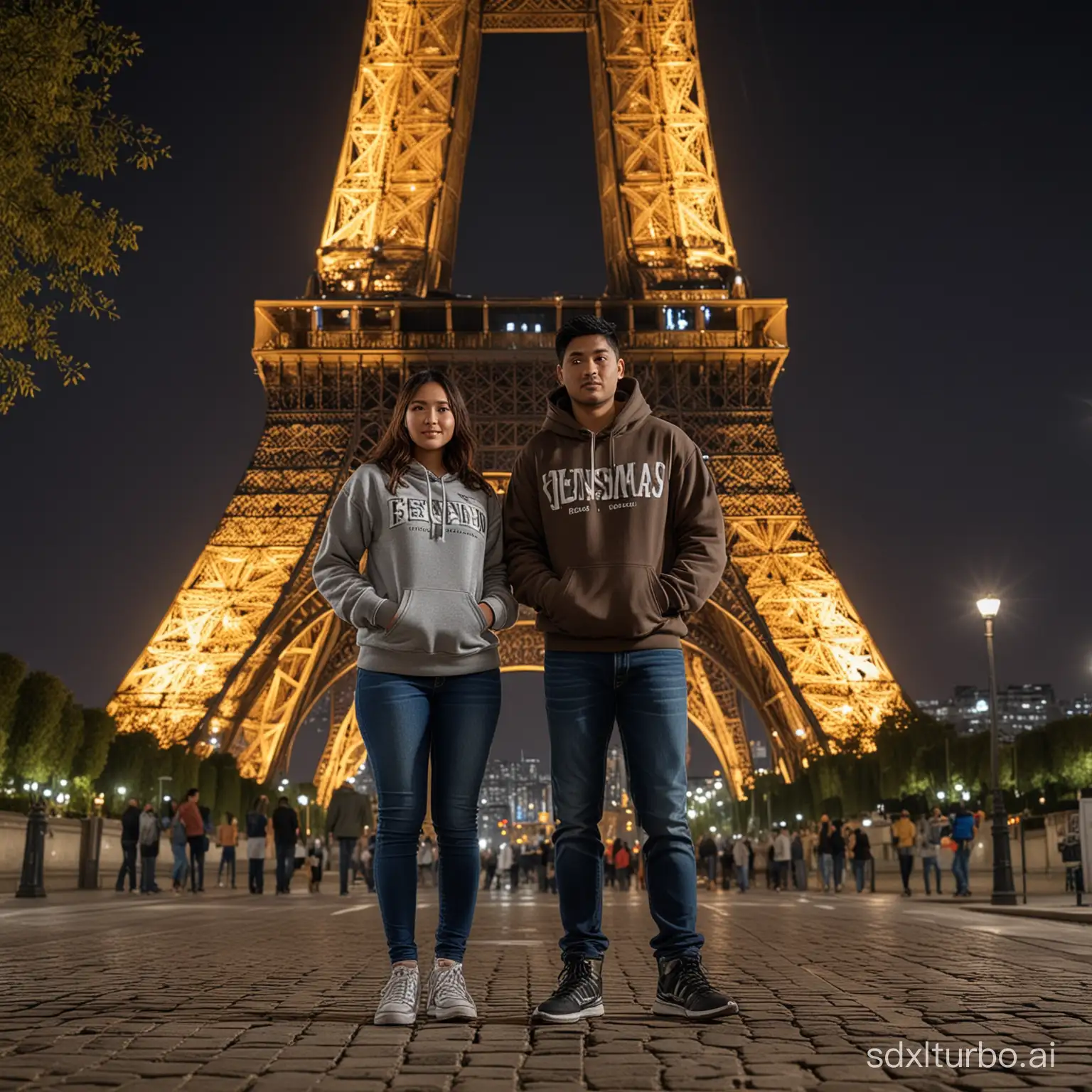 Masterpiece, top, highly detailed, original photo, slightly overweight Indonesian couple, 25 year old woman and 30 year old man wearing hoodies and jeans, standing facing the camera under the Eiffel Tower at night, 32K ultraHD resolution, HDR, lens 800mm, realistic, hyperrealistic, photography, professional photography, deep photography, ultra HD, very high quality, best quality, medium quality, HDR photo, focus photo, deep focus, very detailed, real photo, real photo, ultra sharp, nature photo , masterpiece, award winner, shot with hasselblad x2d