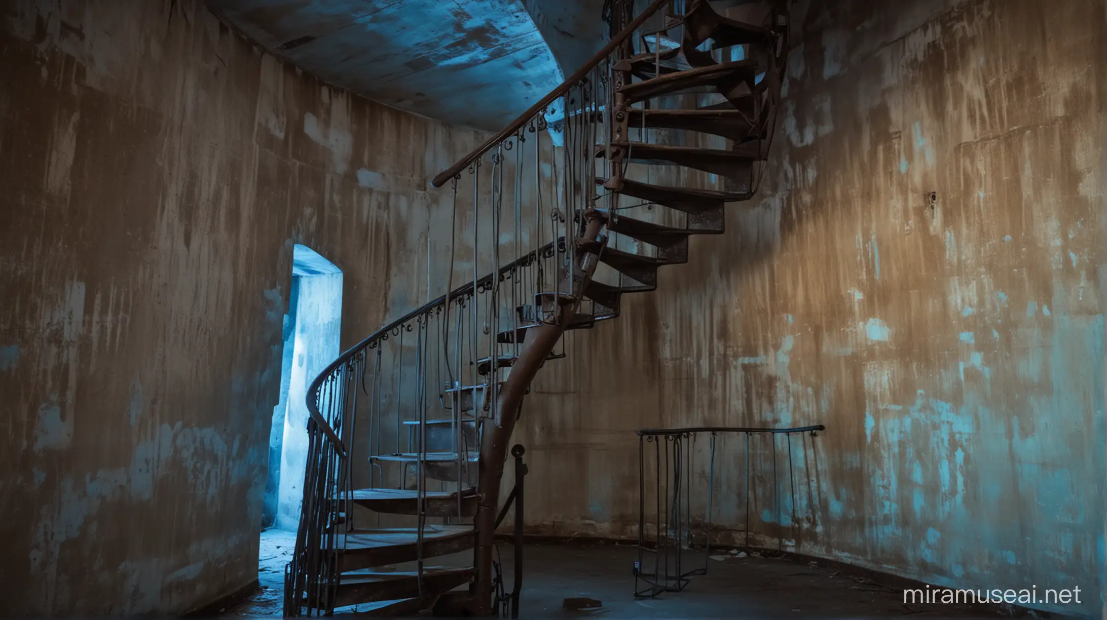 spiral staircase inside an old lighthouse.  Grungy walls and blue glowing lights