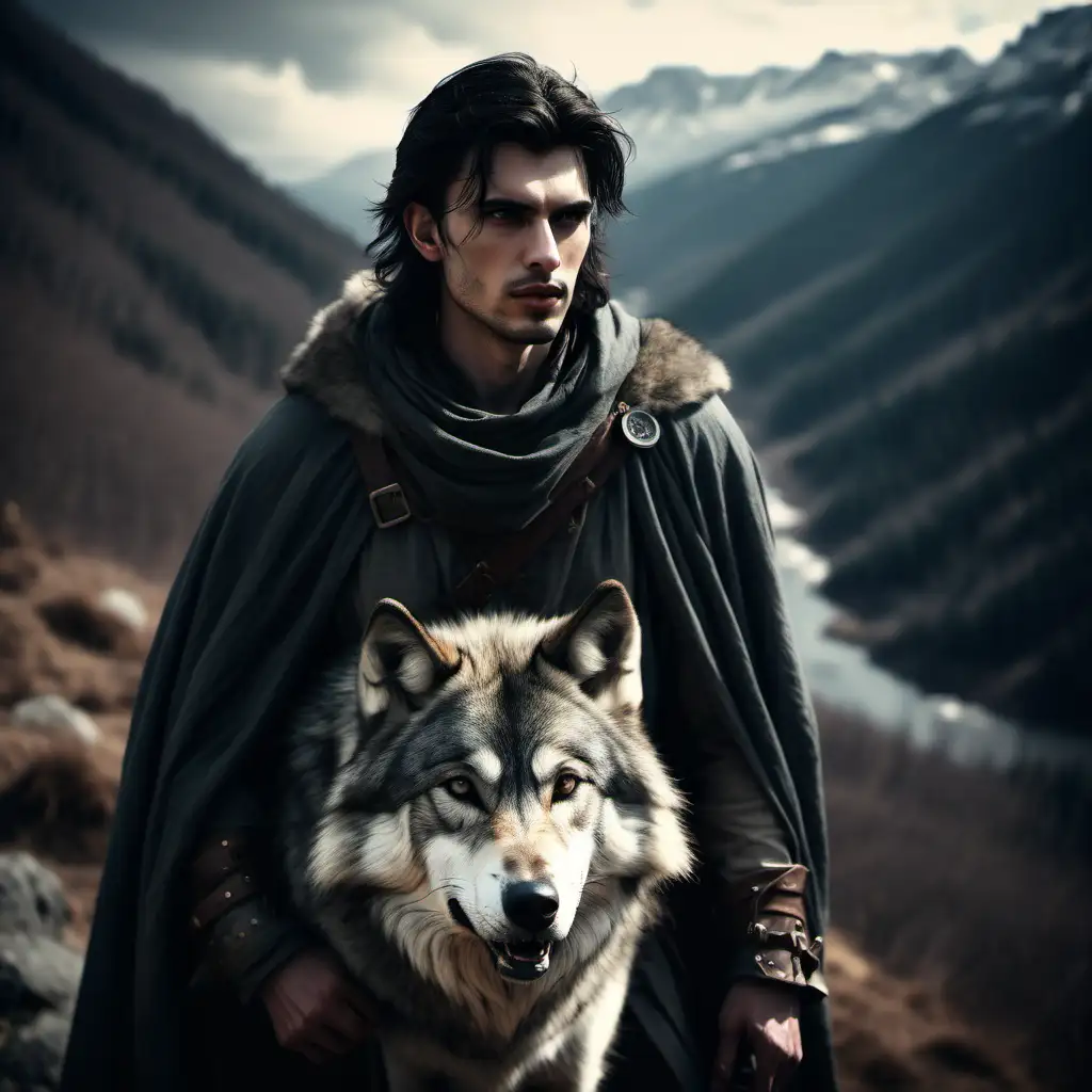 Cinematic portrait of a young tall man, dark tousled hair, travel-worn medival fantasy attire, trekking, rugged landscape background, huge grey wolf by his side