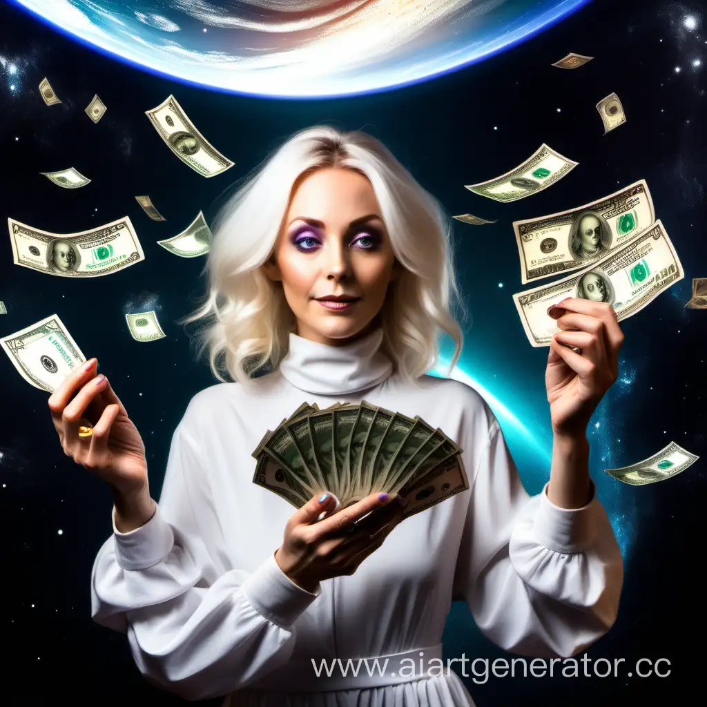 светлая и добрая женщина ясновидящая принимает оплату деньгами и деньги вокруг нее в космосе