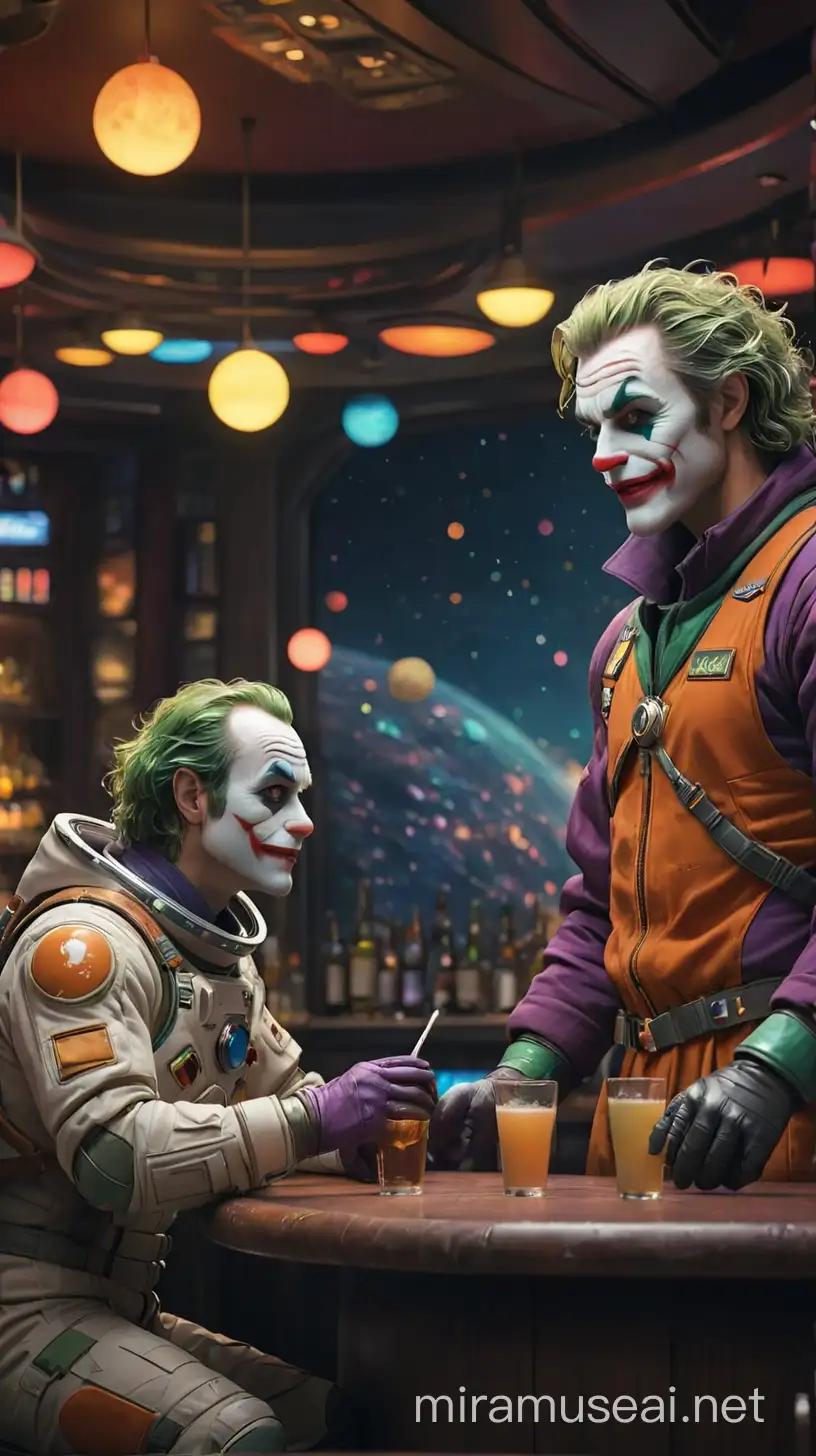 Un Astronauta y el Joker conversando en un bar de un planeta desconocido, con fondo el universo multicolor y muchos planetas 
