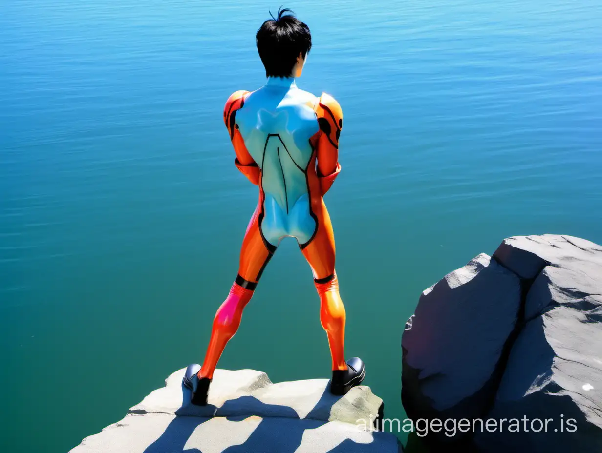 Photo of a Japanese male high school student is wearing a Neon Genesis Evangelion pilot suit. One foot on the rock and another foot on the water. light blue 50-denier tights. black hair. he has turned his back to me. strong sunlight.