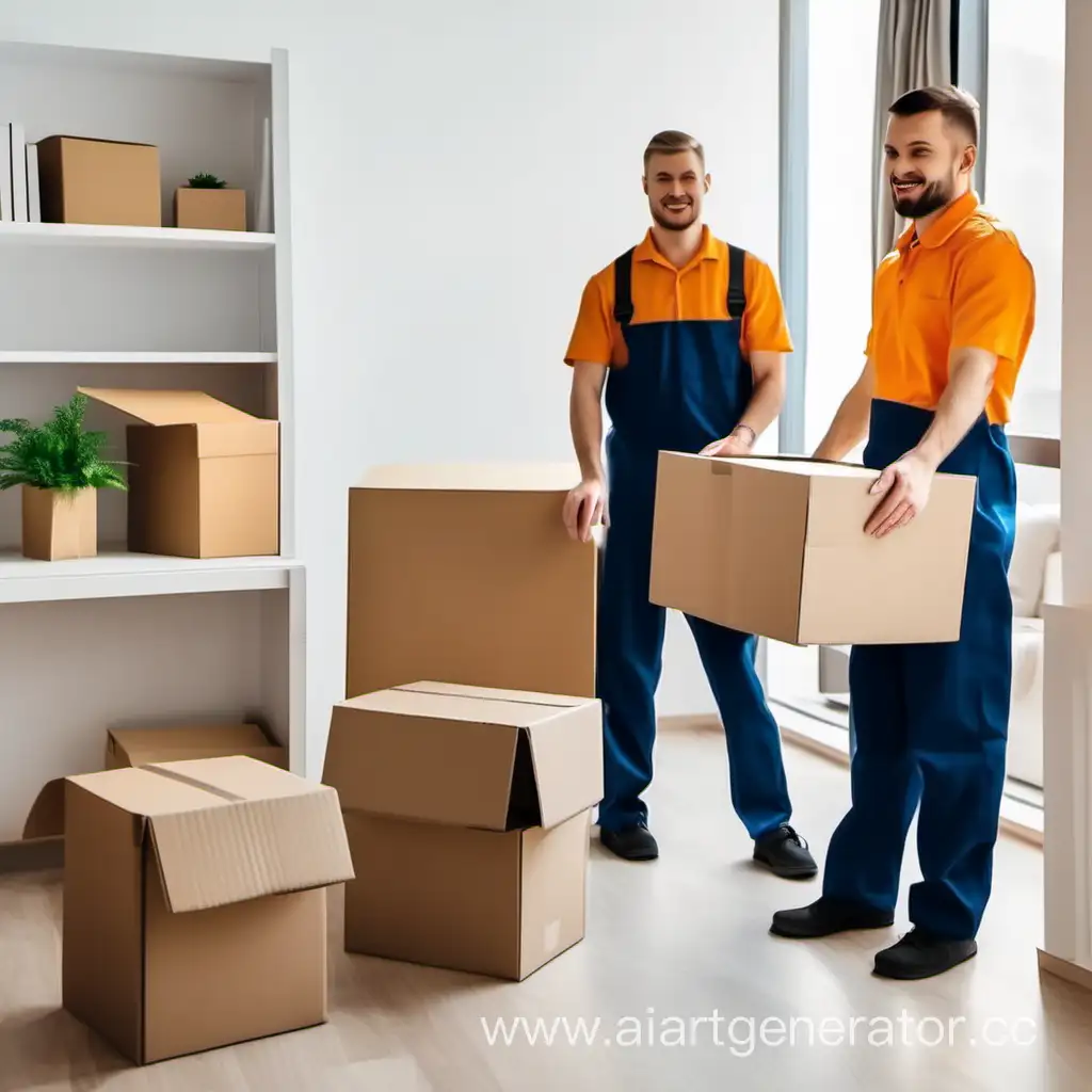 Apartment relocation, people in work uniforms carry boxes