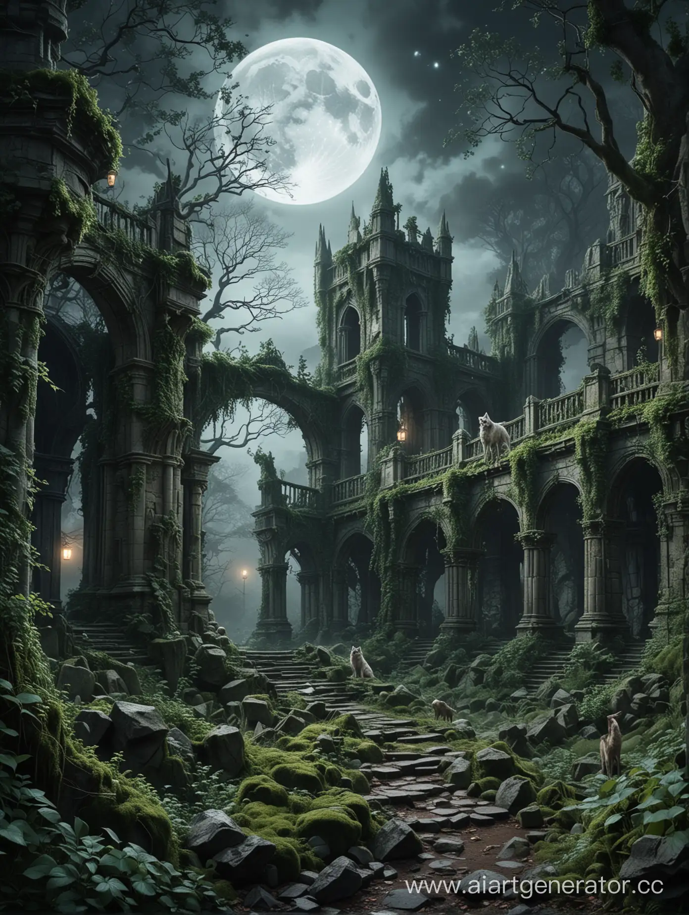 The ruins of an ancient elven palace, lost among the gloomy forest illuminated by the moon. They are entwined with ivy and moss and ghostly wolves walk among these ruins