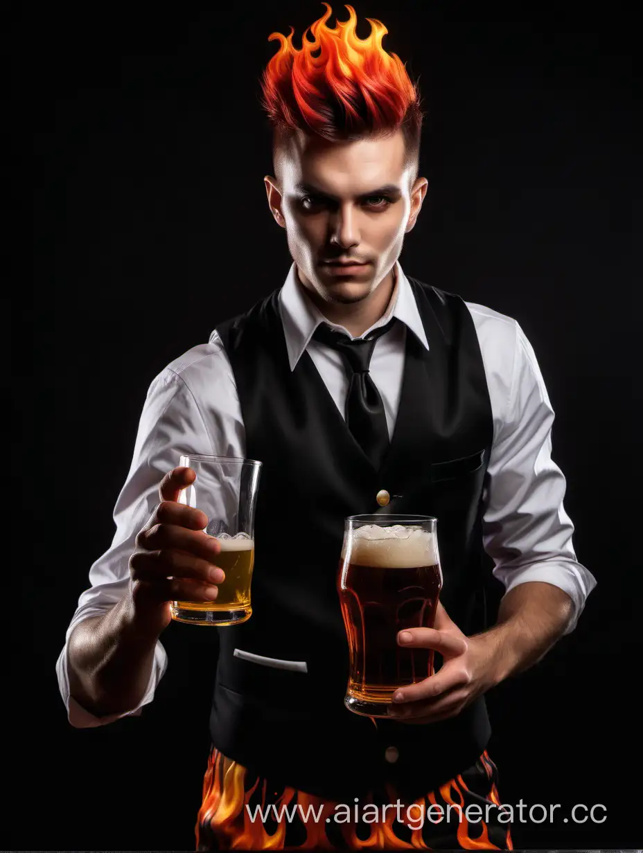 мужчина бармен в огненном костюме с бокалом пива на черном фоне