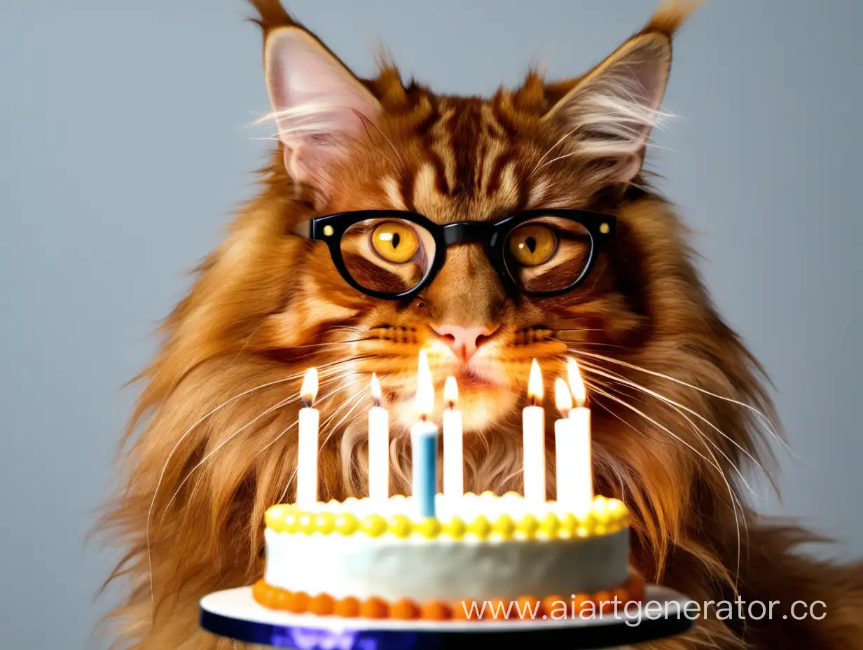 A spectacled ginger main coon; a birthday cake with 54 candles
