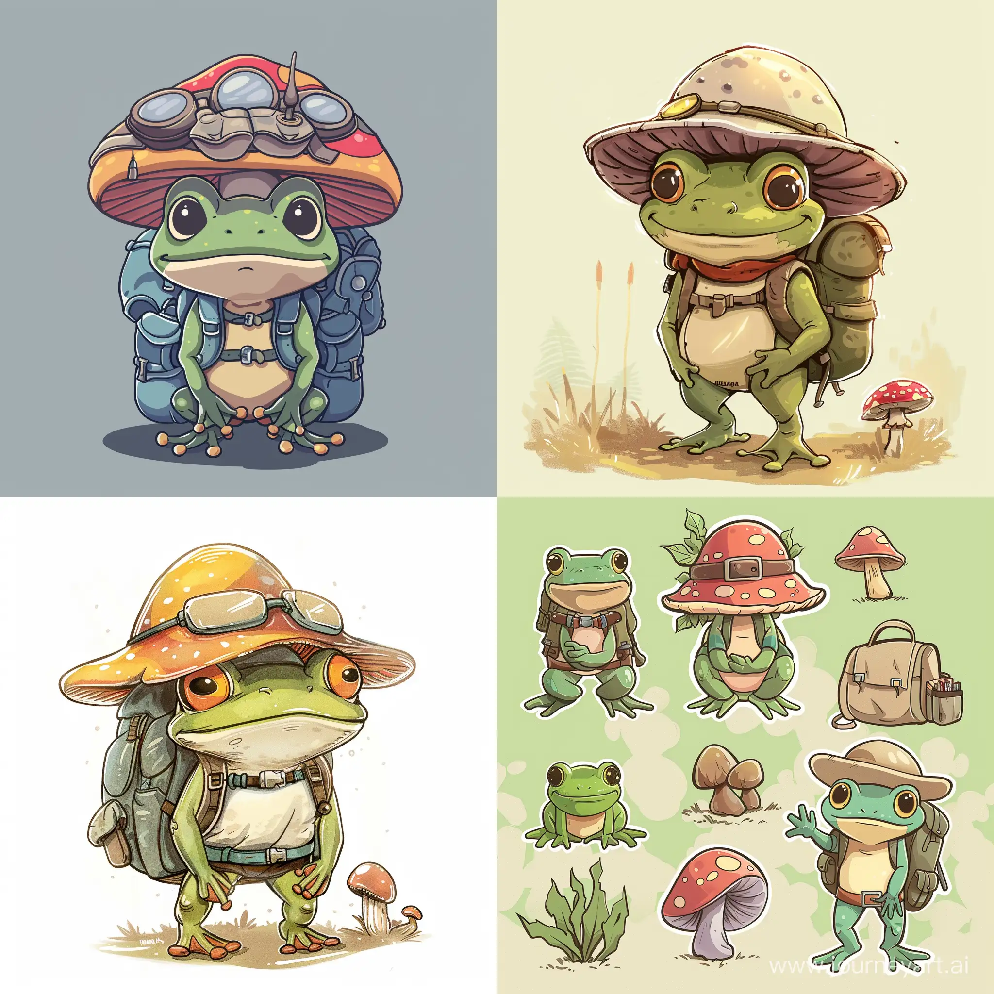 frog character, adventure gear, hat from a shroom,  draw in cute style 