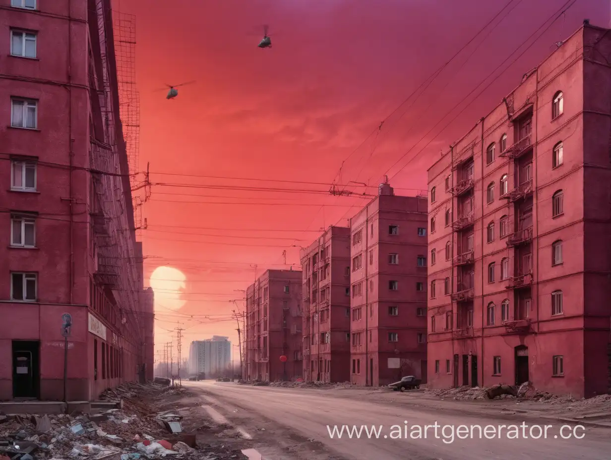 Soviet-Urban-Landscape-Red-Sky-Over-Industrial-Street