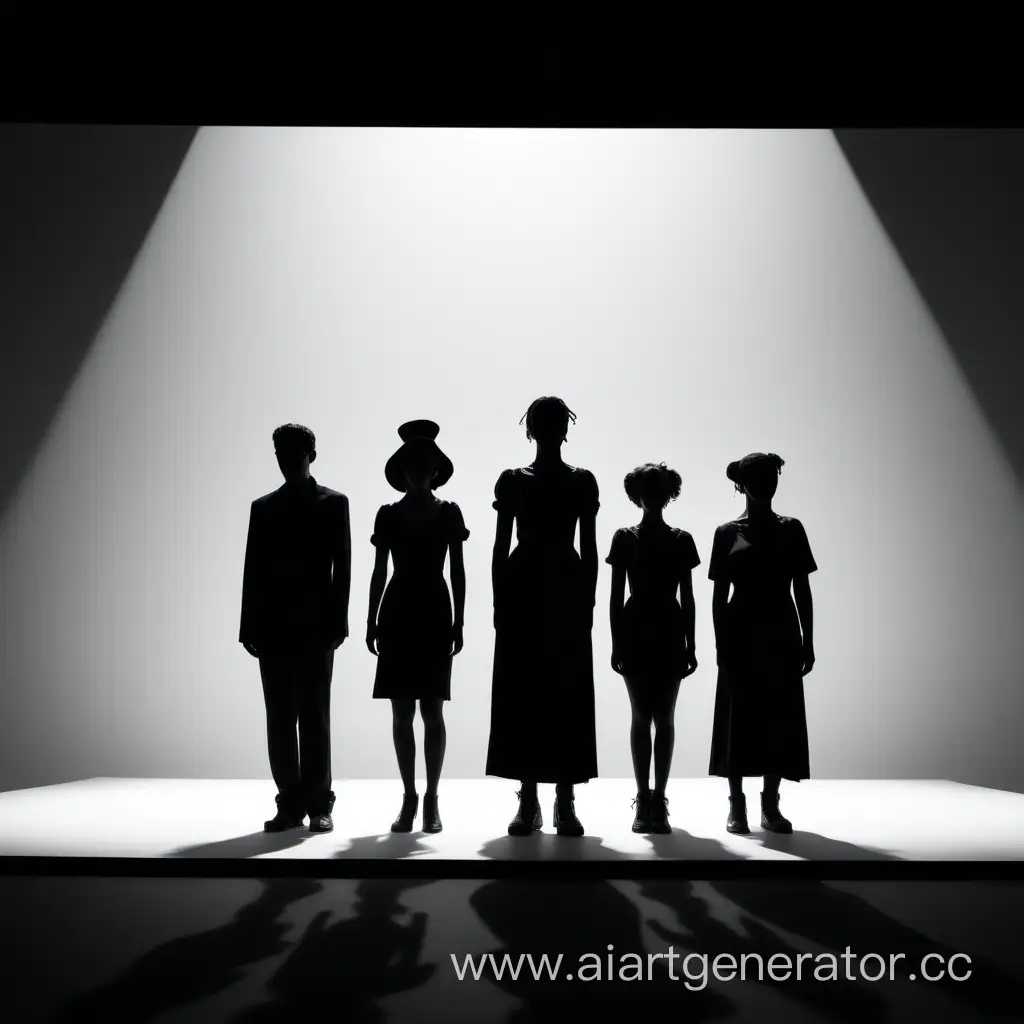 Playback Театр. на сцене , на белом фоне стоят 4 черных силуэта фигур. они стоят лицом к нам . они бросают вперед тени