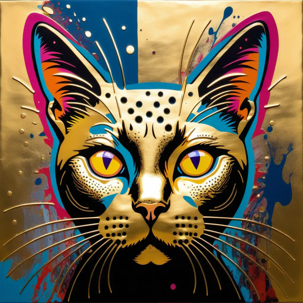 Andy Warhol and Jackson Pollock inspired artwork with vibrant modern and urban mysticism. face of a of a cat vibrant colours gold colour
