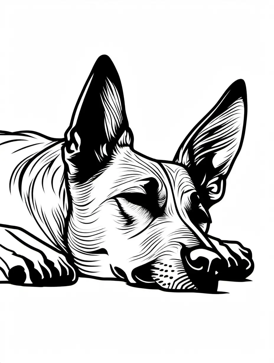 Simple Black drawn outline of a sleeping Belgian Malinois dog, white backgroud, full front face, sleeping
