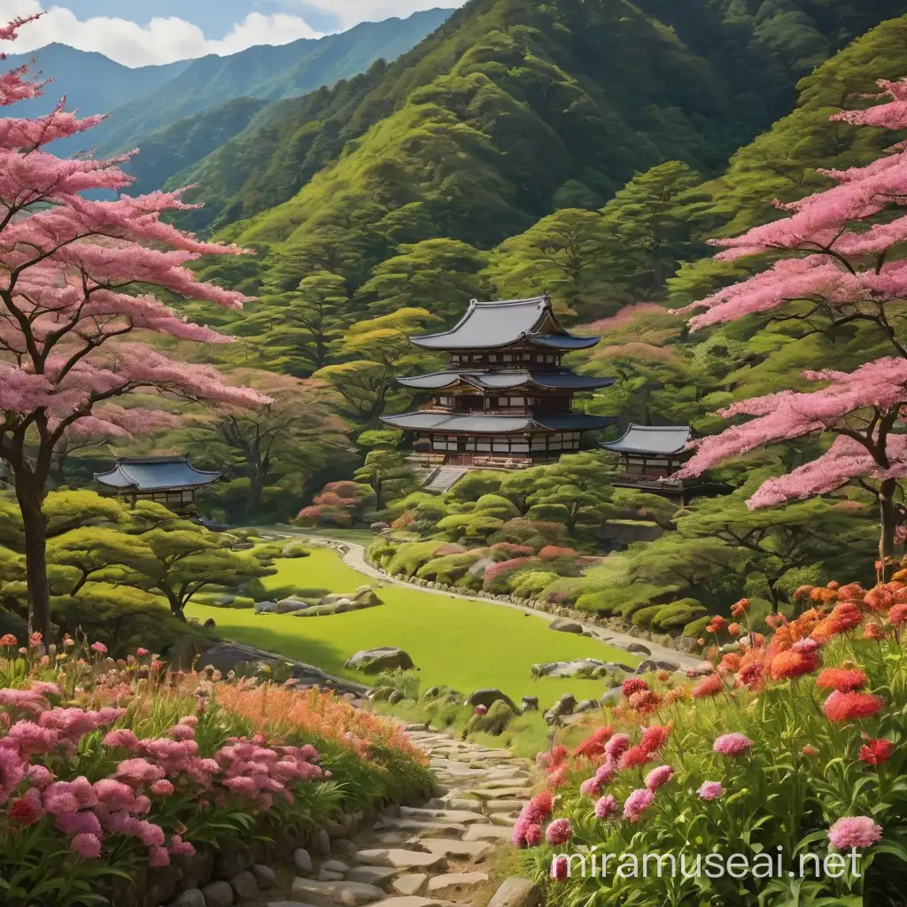 peaceful valleys, temple, flowers field in japan
