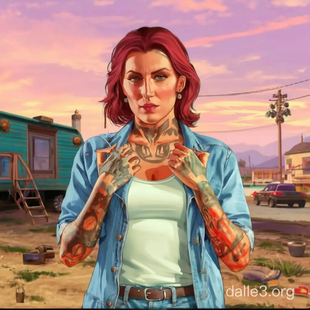 a hillbilly woman model with tattoos and rugged denim clothes in the trailer park, GTA V art