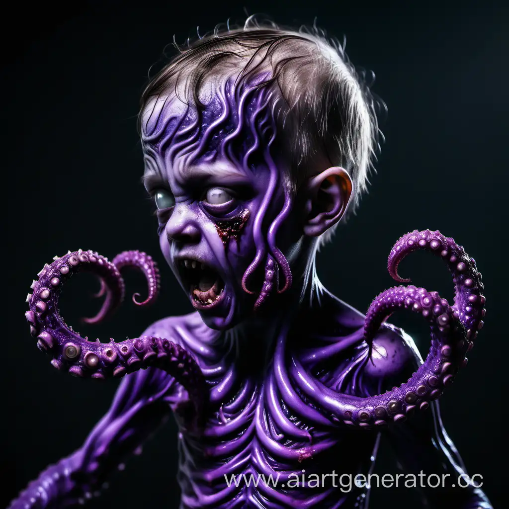 Лафкрафтовские ужасы. Маленький ребёнок-зомби  покрыт фиолетовой сыпью.  Из его рук и шеи растут ядовитые щупальца.