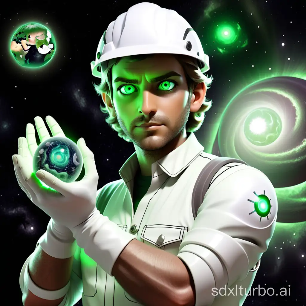 A civil engineer with green eyes holds the universe in his hand and wears a white helmet.