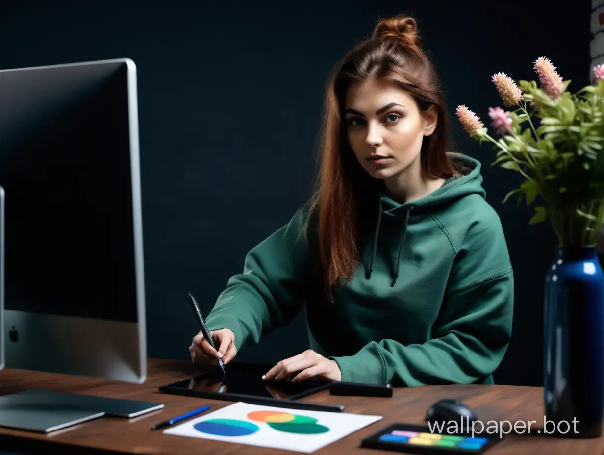 web designer girl is making a website on a graphics tablet and looking at the monitor, with chestnut brown medium hair, dressed in a sweatshirt, 30 years old, surrounded by a dark office, flowers, color black, green, blue, brown