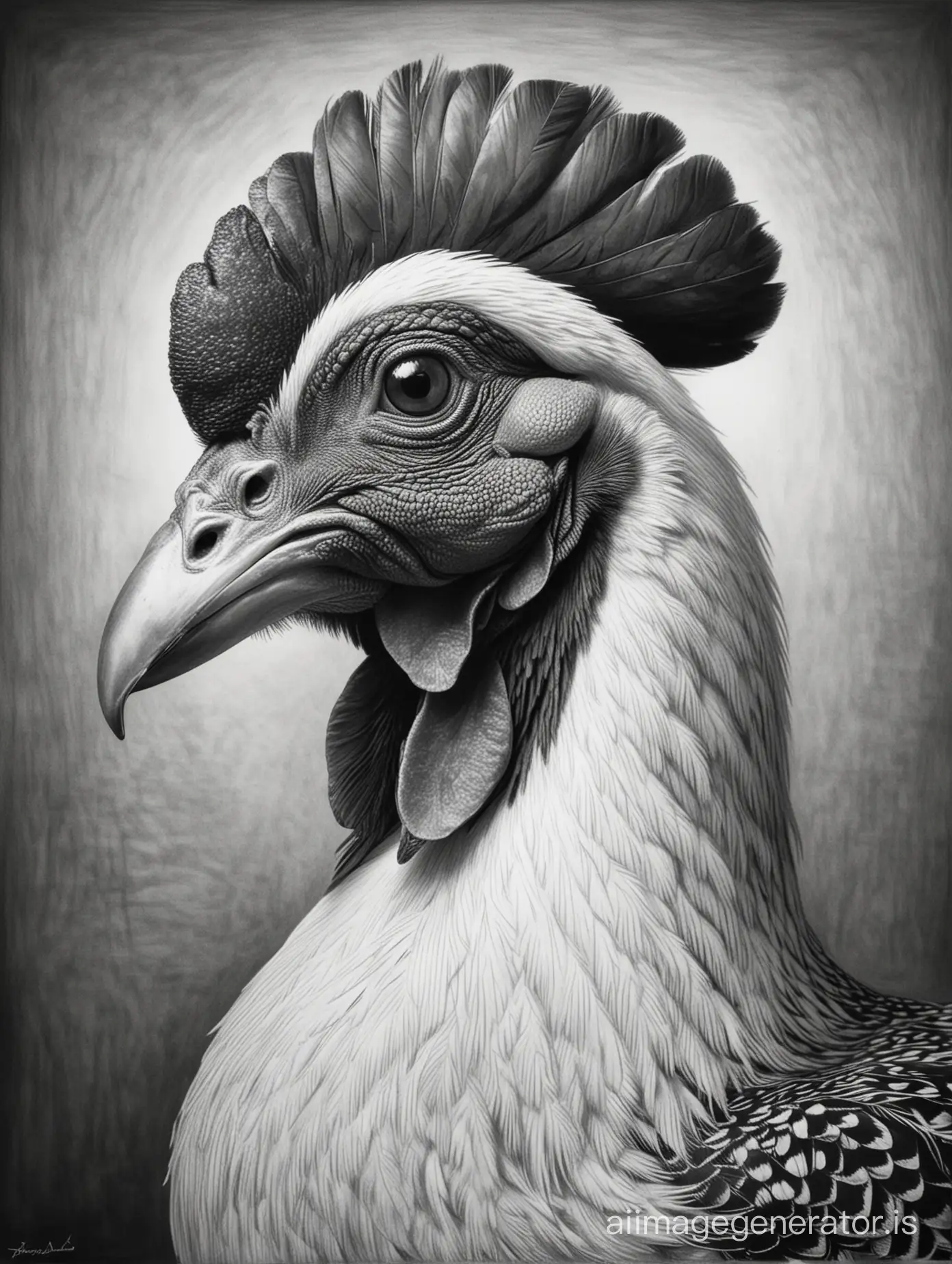 In Picasso's style created an artist's pencil drawing in black and white of a Malay Gamefowl head