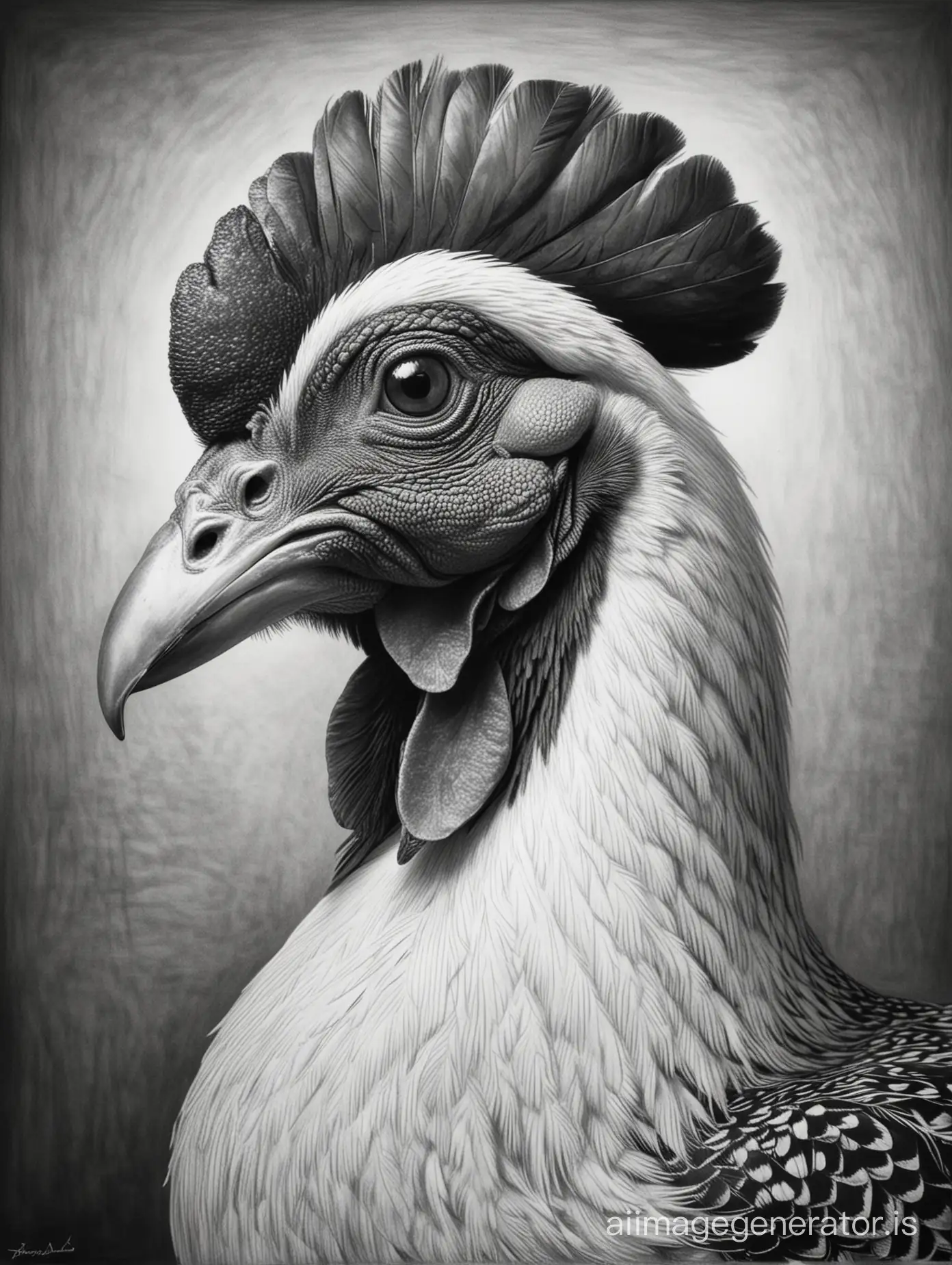 In Picasso's style created an artist's pencil drawing in black and white of a Malay Gamefowl head 

