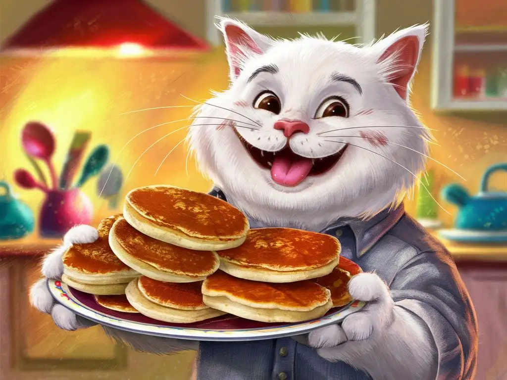 весёлый улыбающийся белый кот , он одет в рубашку, он держит в лапах тарелку с блинами