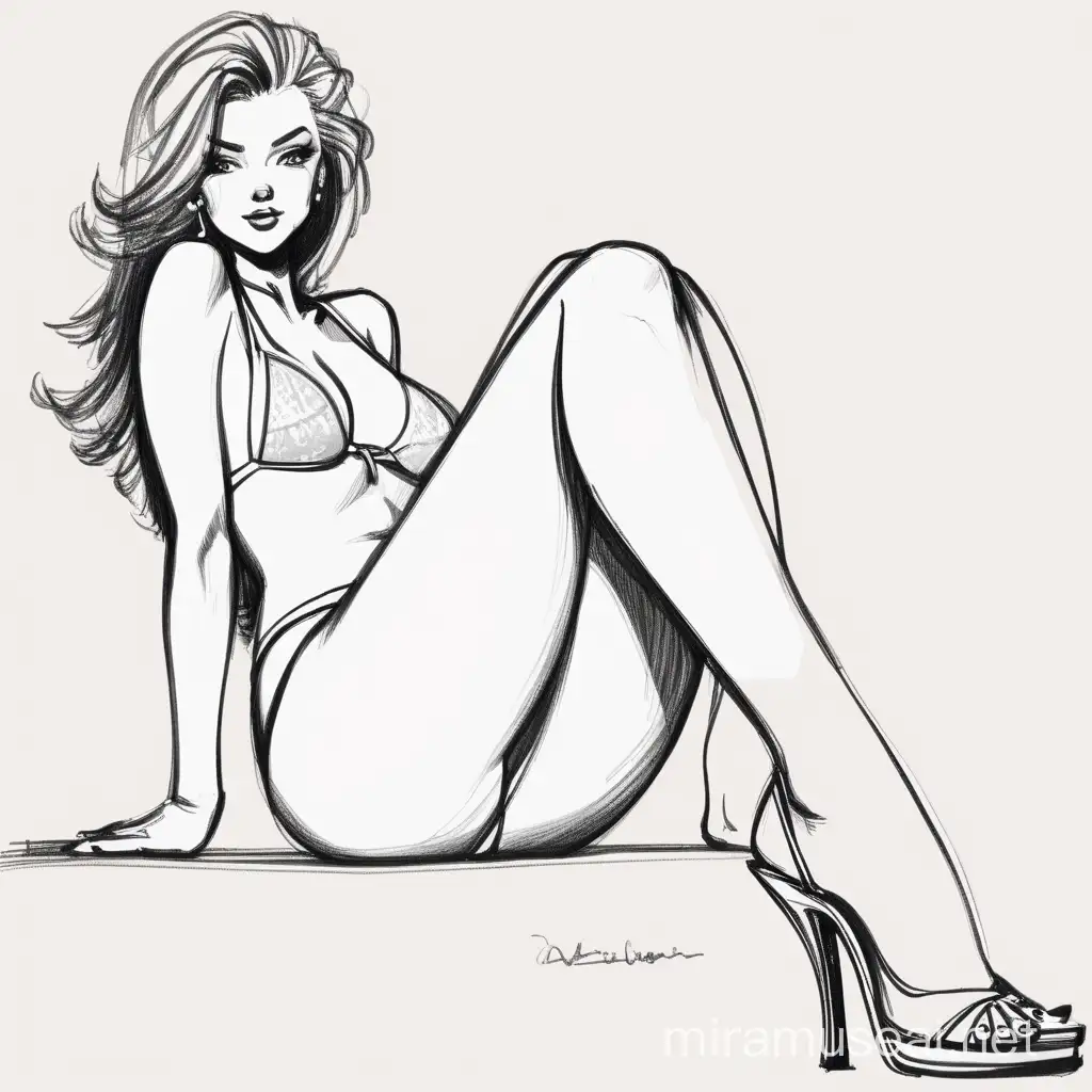 Relaxed Woman in High Heels and Underwear Sketch